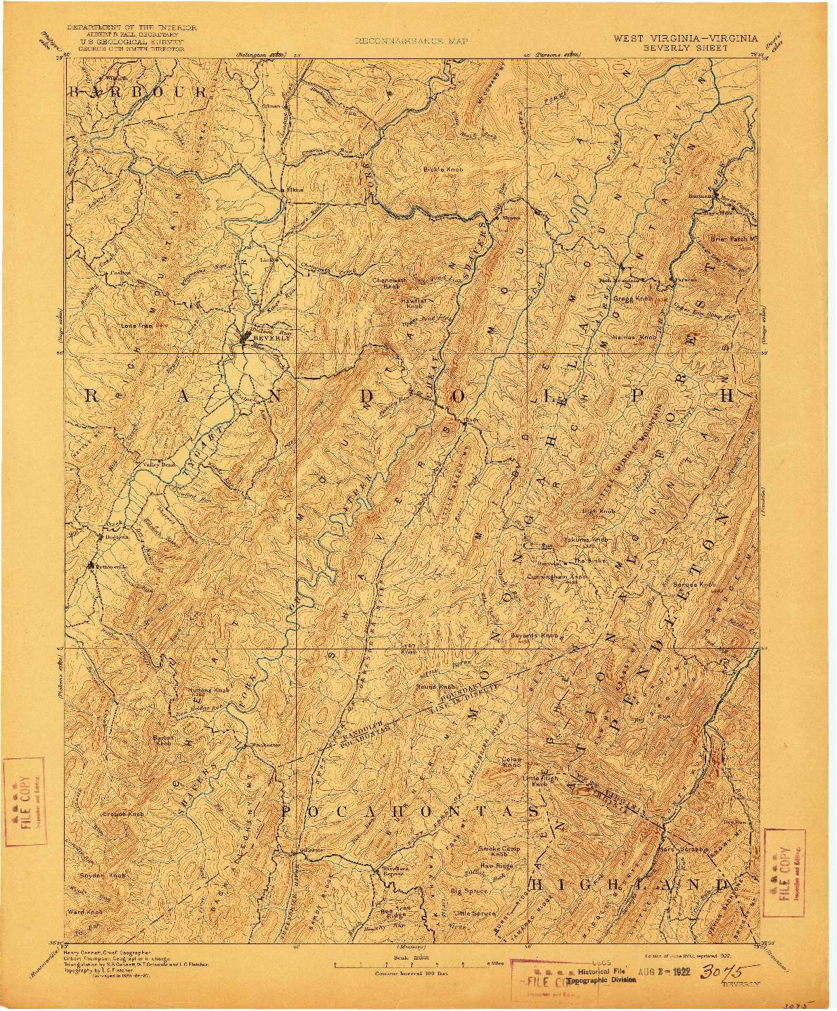 USGS 1:125000-SCALE QUADRANGLE FOR BEVERLY, WV 1892