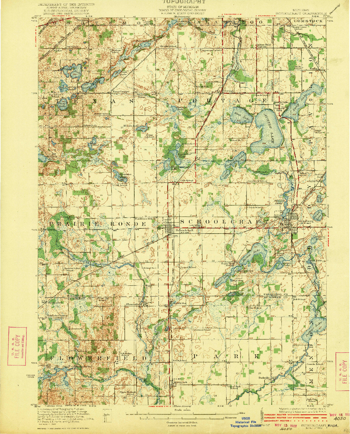 USGS 1:62500-SCALE QUADRANGLE FOR SCHOOLCRAFT, MI 1922