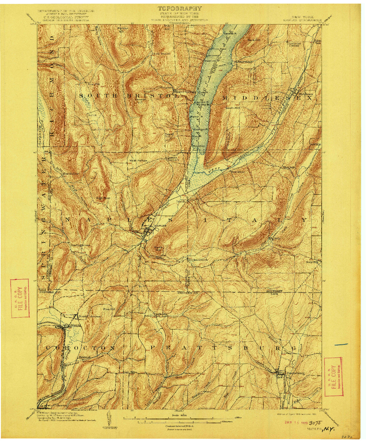 USGS 1:62500-SCALE QUADRANGLE FOR NAPLES, NY 1903