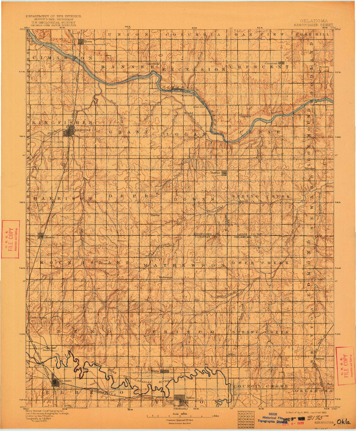 USGS 1:125000-SCALE QUADRANGLE FOR KINGFISHER, OK 1895