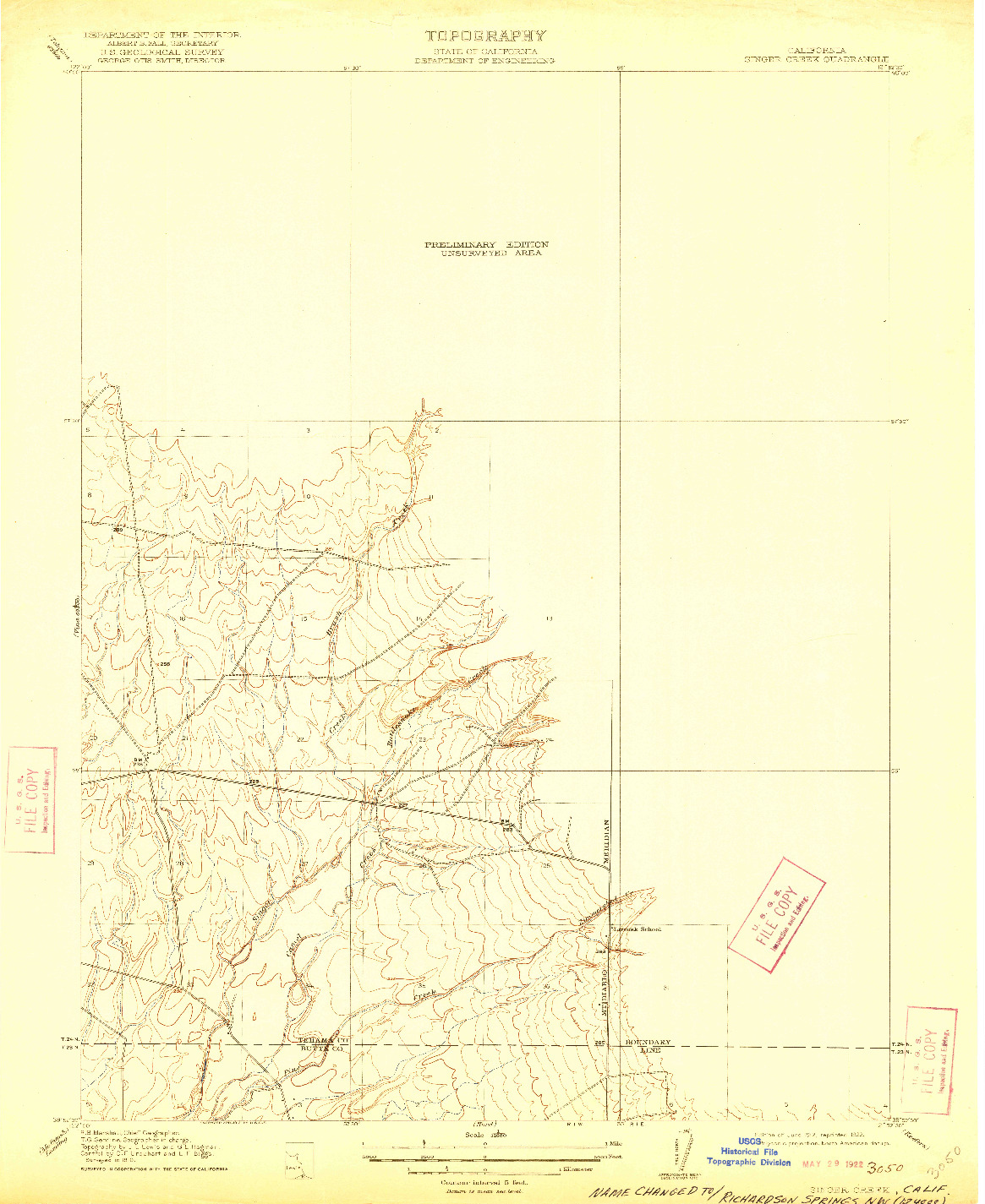 USGS 1:31680-SCALE QUADRANGLE FOR SINGER CREEK, CA 1912