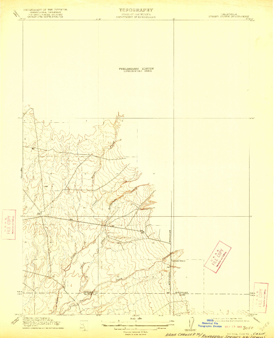 USGS 1:31680-SCALE QUADRANGLE FOR SINGER CREEK, CA 1912
