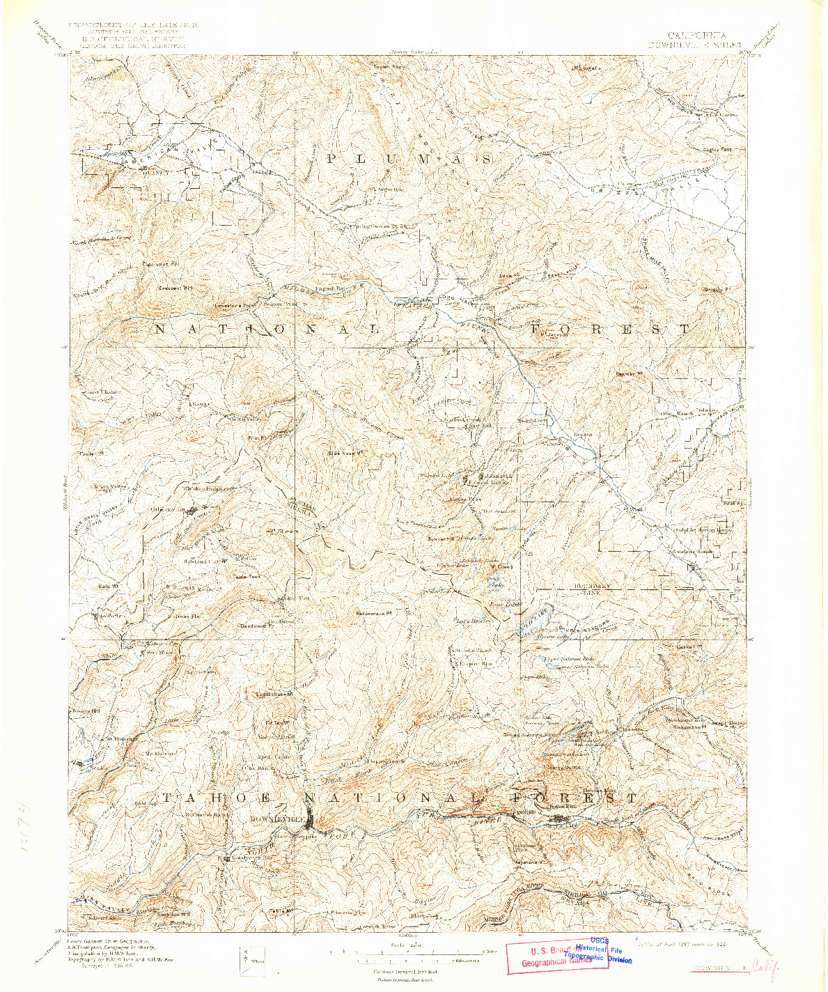 USGS 1:125000-SCALE QUADRANGLE FOR DOWNIEVILLE, CA 1897