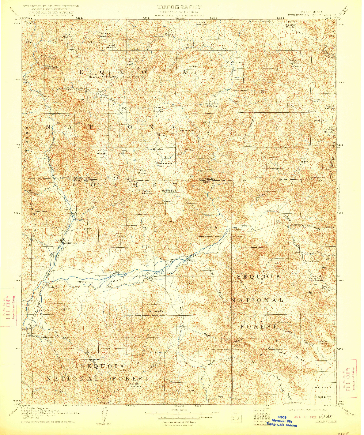 USGS 1:125000-SCALE QUADRANGLE FOR KERNVILLE, CA 1908