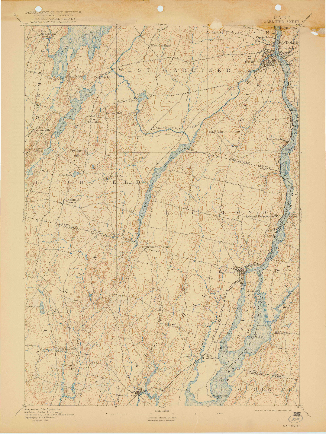 USGS 1:62500-SCALE QUADRANGLE FOR GARDINER, ME 1892