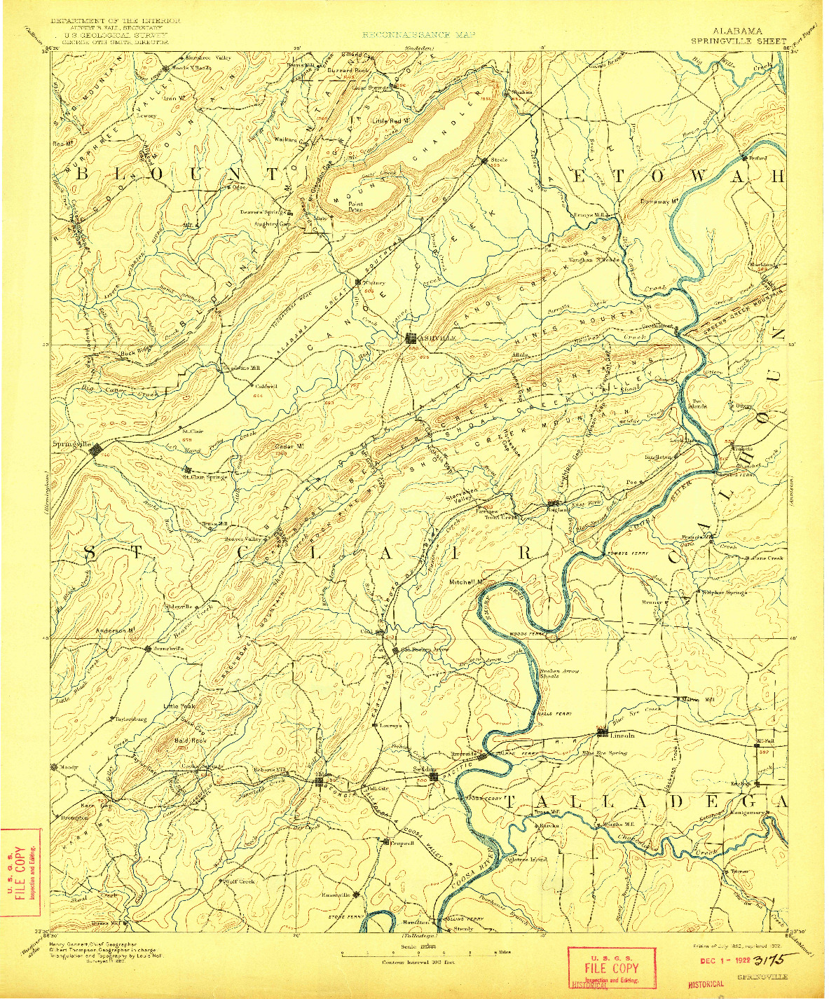 USGS 1:125000-SCALE QUADRANGLE FOR SPRINGVILLE, AL 1892