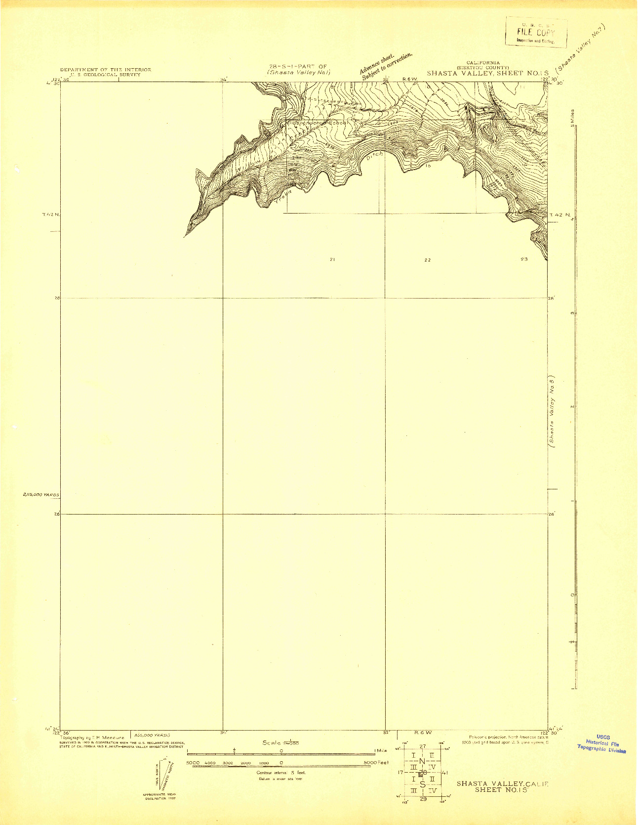 USGS 1:24000-SCALE QUADRANGLE FOR SHASTA VALLEY SHEET NO 1 S, CA 1922