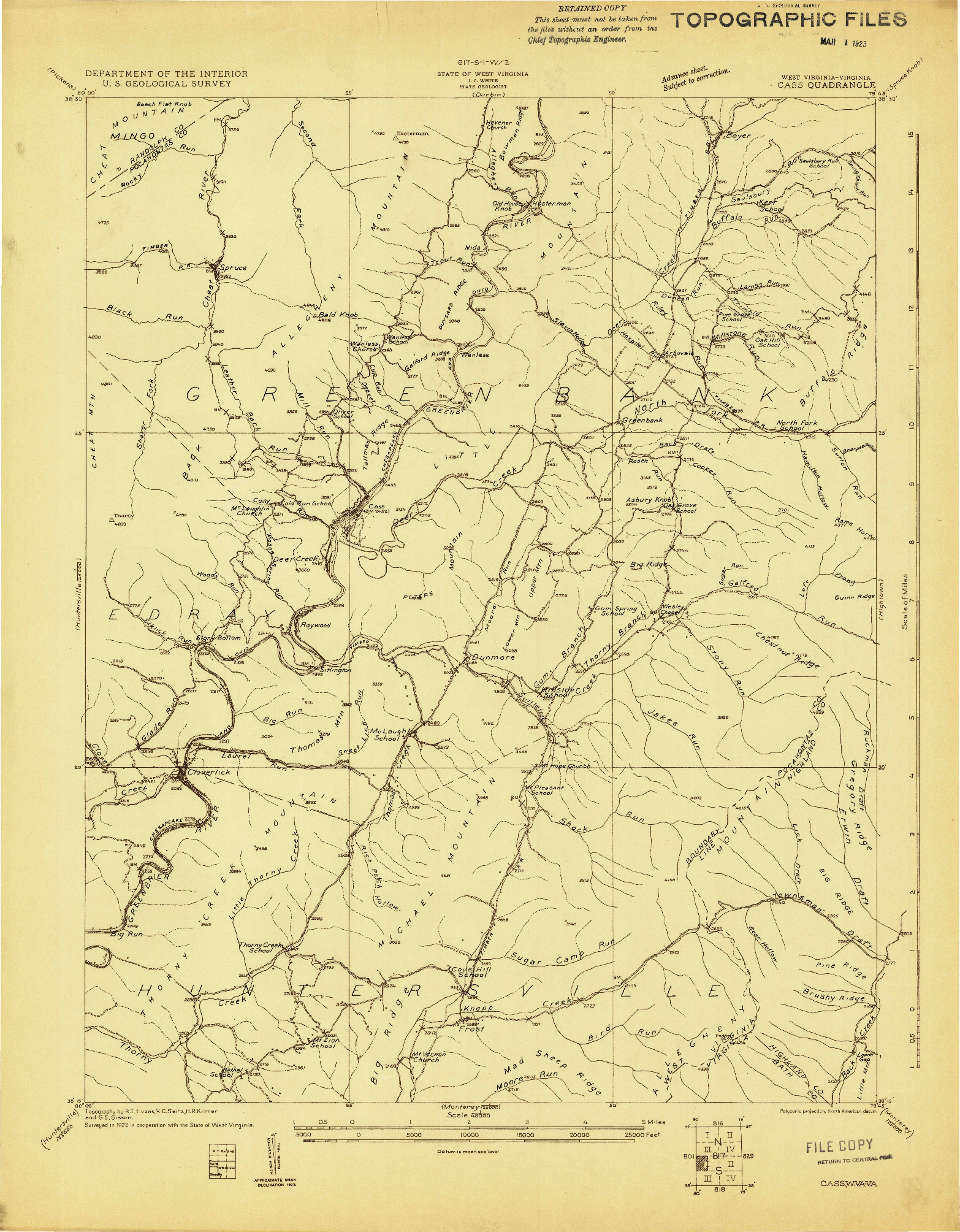 USGS 1:48000-SCALE QUADRANGLE FOR CASS, WV 1922