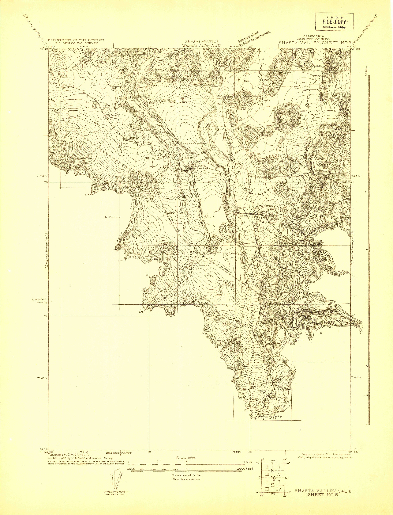 USGS 1:24000-SCALE QUADRANGLE FOR SHASTA VALLEY SHEET NO 8, CA 1922