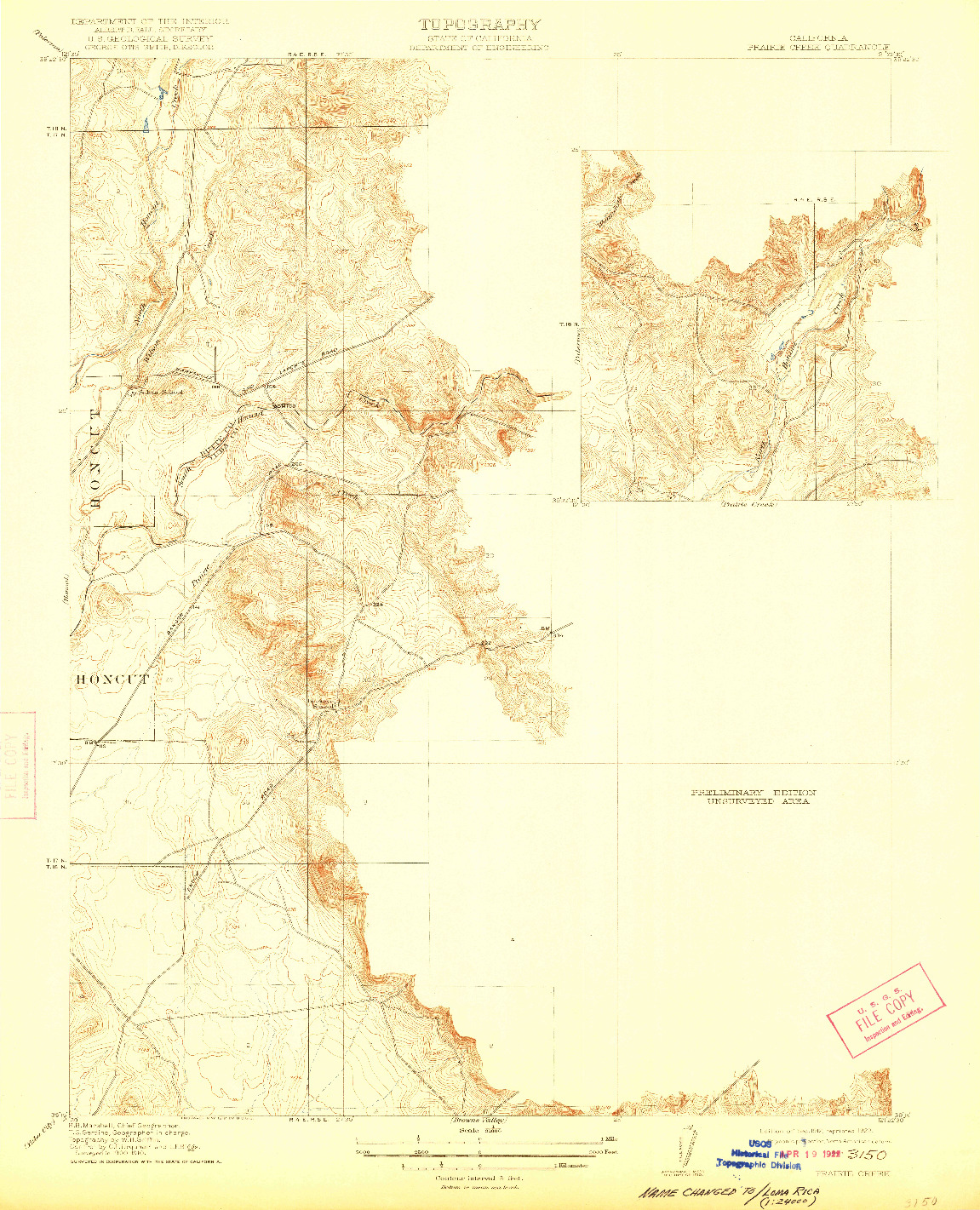 USGS 1:31680-SCALE QUADRANGLE FOR PRAIRIE CREEK, CA 1912