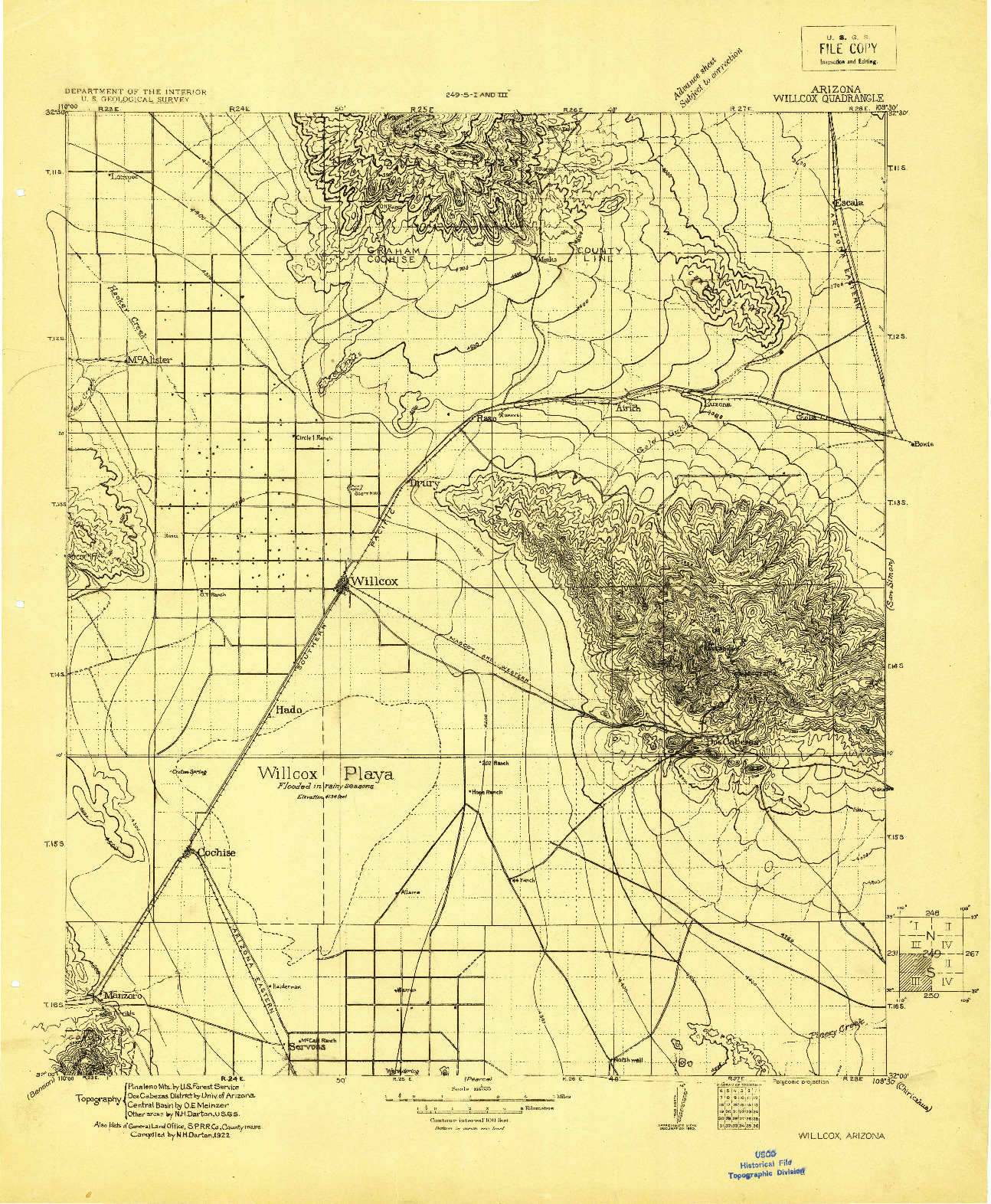 USGS 1:125000-SCALE QUADRANGLE FOR WILLCOX, AZ 1922
