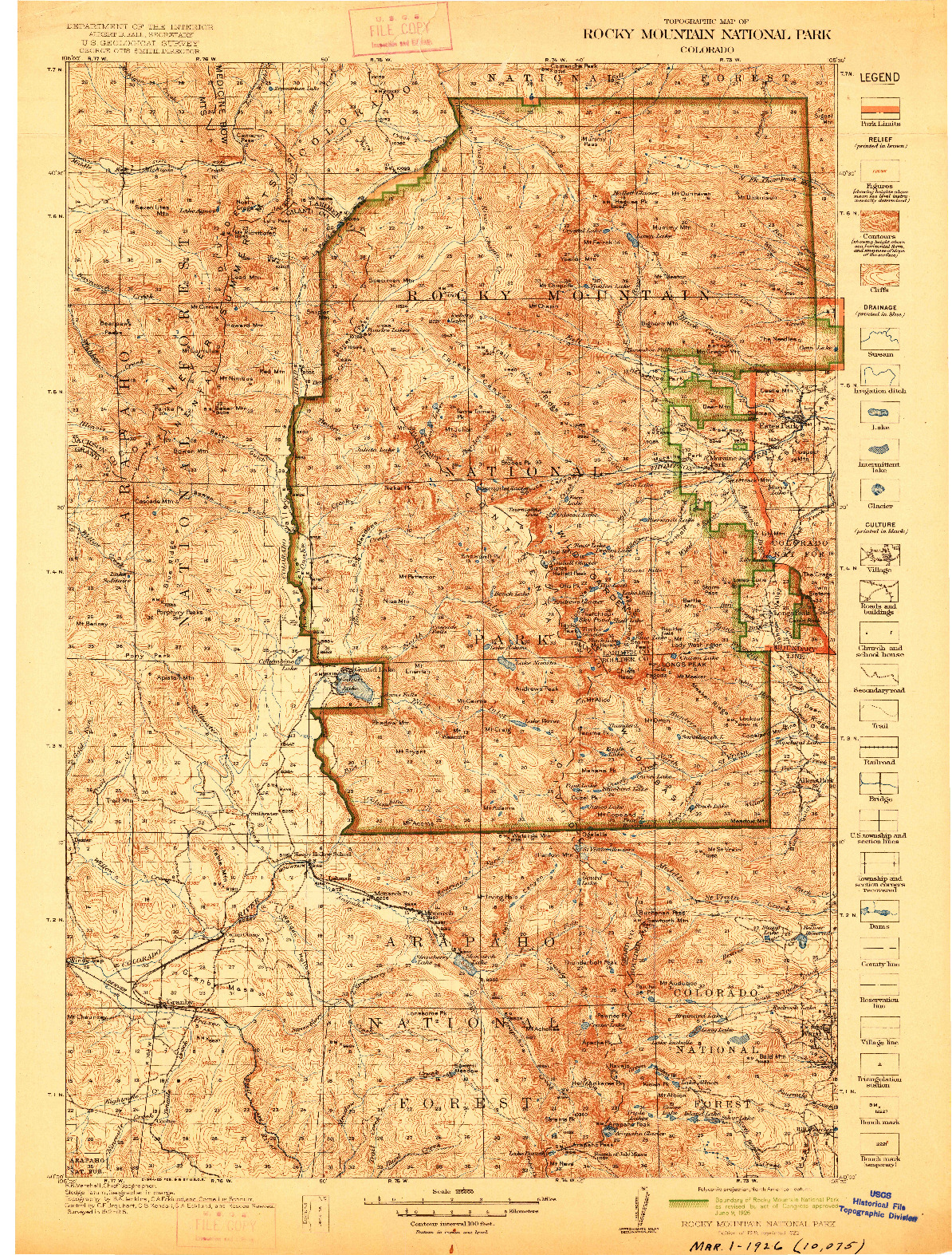 USGS 1:125000-SCALE QUADRANGLE FOR ROCKY MOUNTAIN NATIONAL PARK, CO 1919