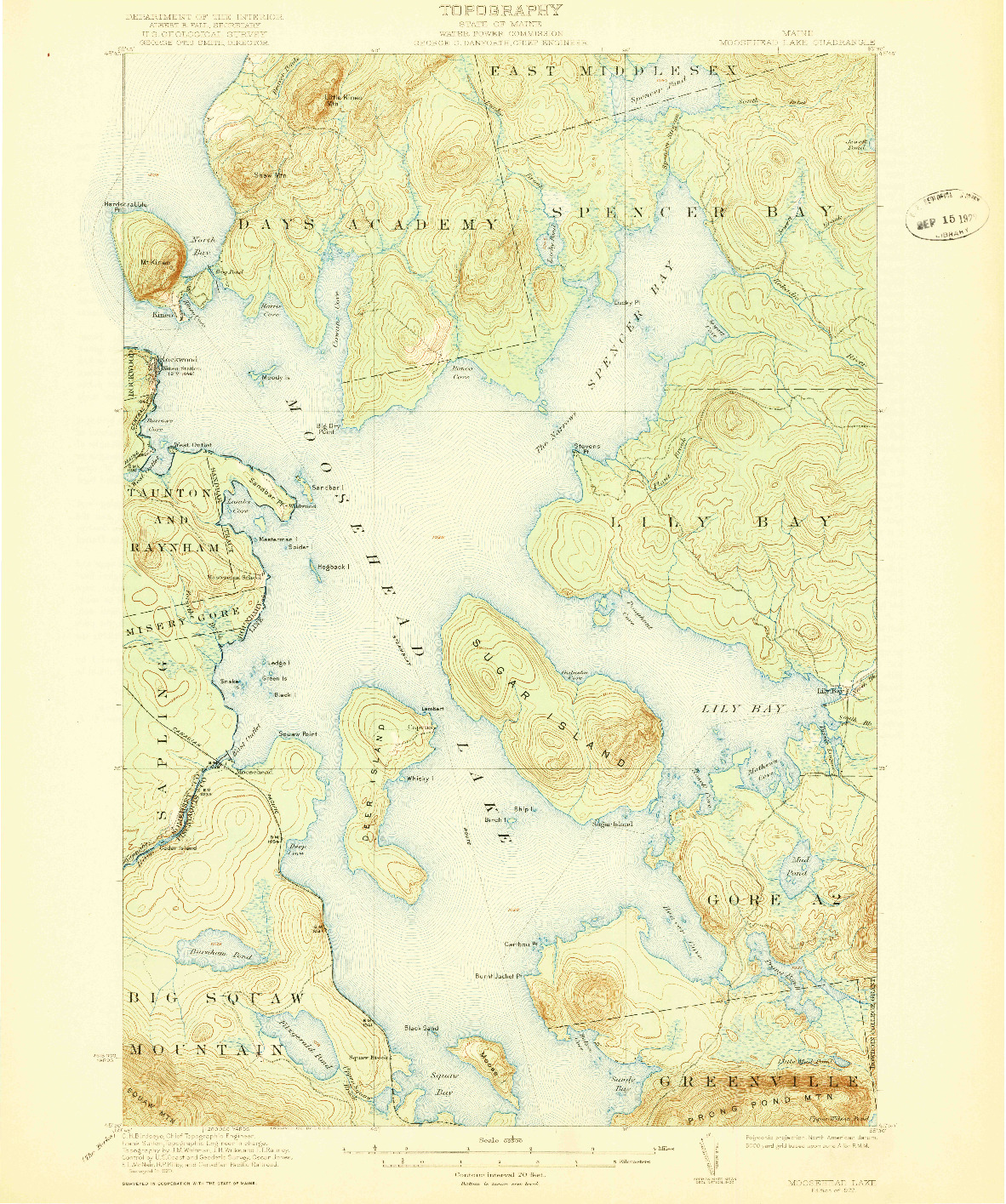 USGS 1:62500-SCALE QUADRANGLE FOR MOOSEHEAD LAKE, ME 1922