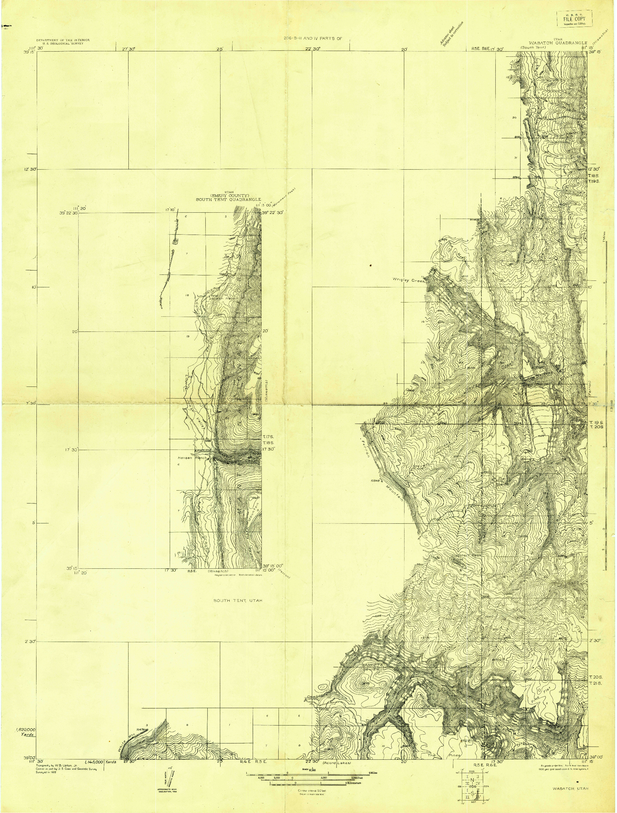 USGS 1:31680-SCALE QUADRANGLE FOR WASATCH, UT 1922