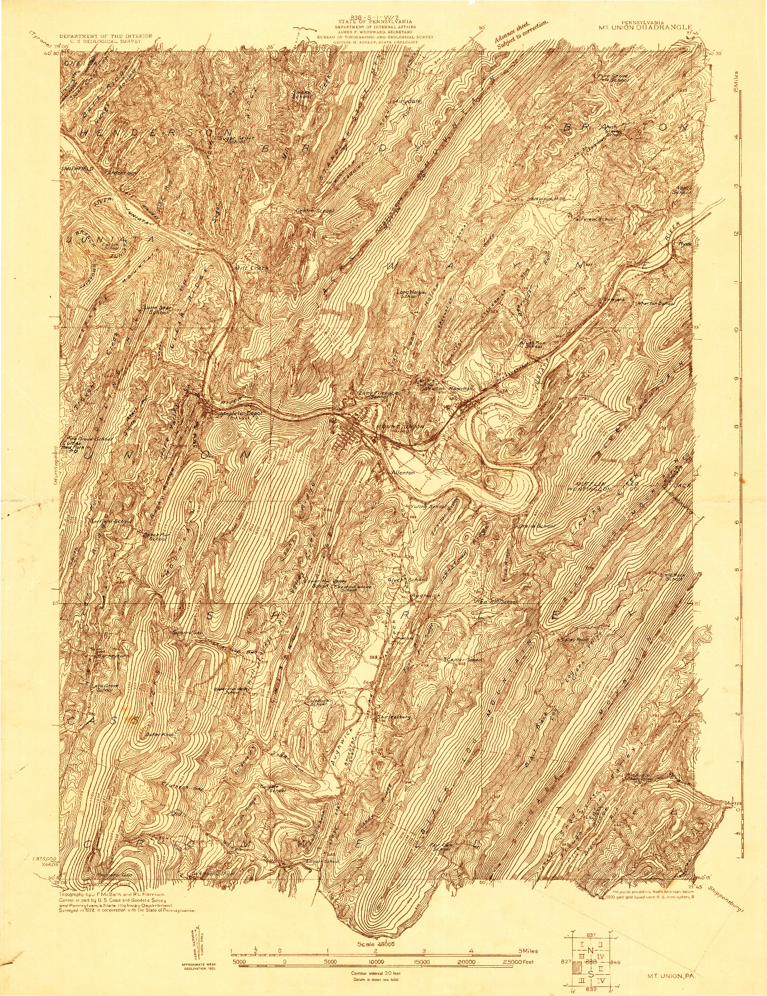 USGS 1:48000-SCALE QUADRANGLE FOR MT UNION, PA 1922