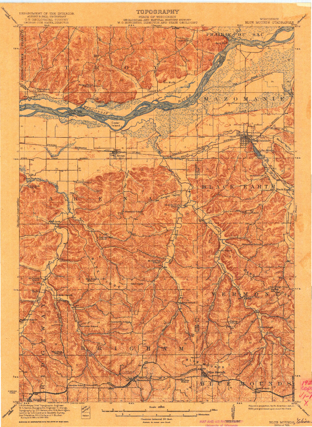 USGS 1:62500-SCALE QUADRANGLE FOR BLUE MOUNDS, WI 1922