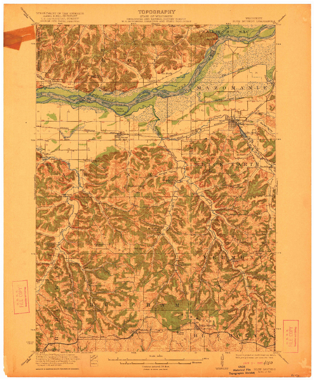 USGS 1:62500-SCALE QUADRANGLE FOR BLUE MOUNDS, WI 1922