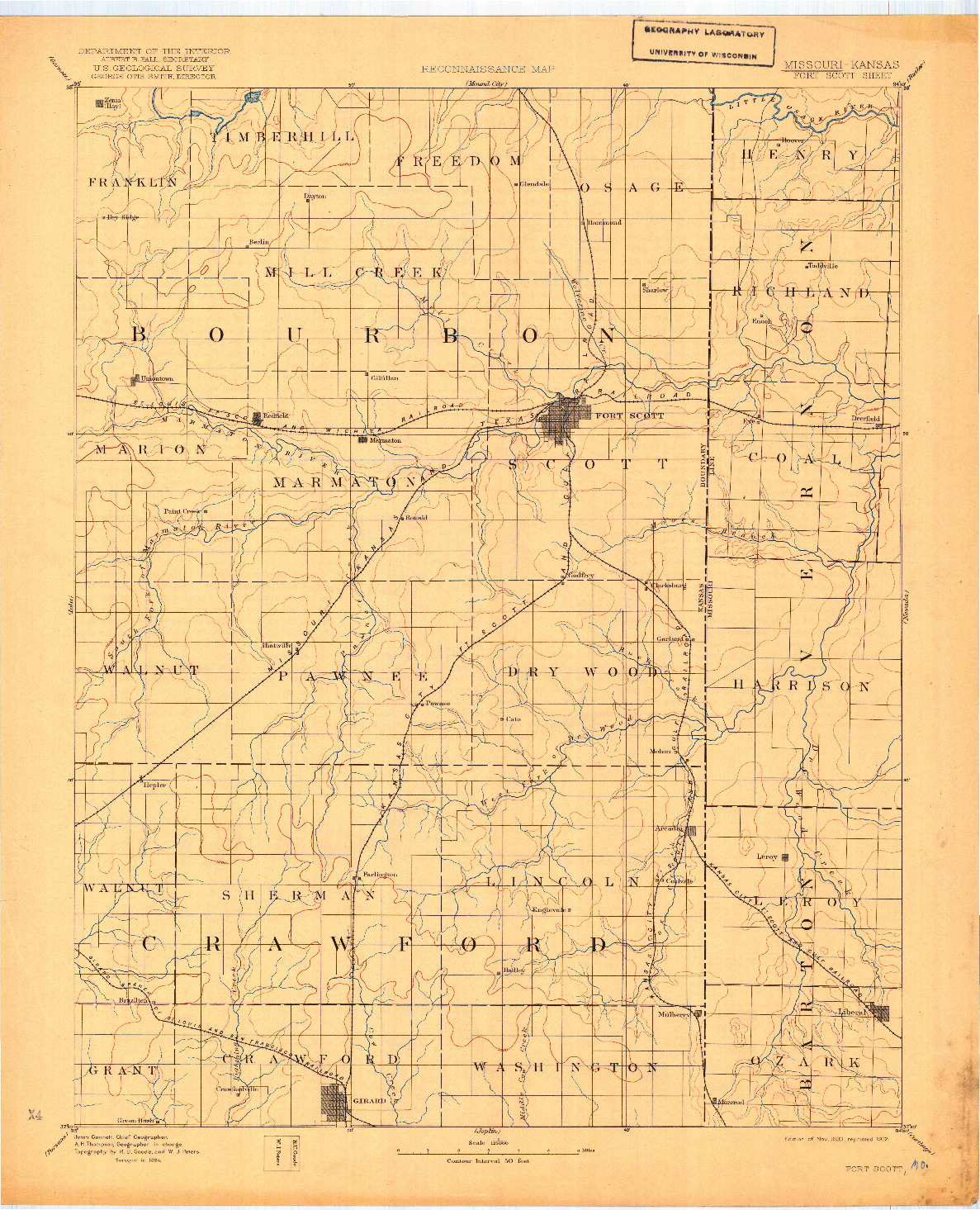 USGS 1:125000-SCALE QUADRANGLE FOR FORT SCOTT, MO 1893