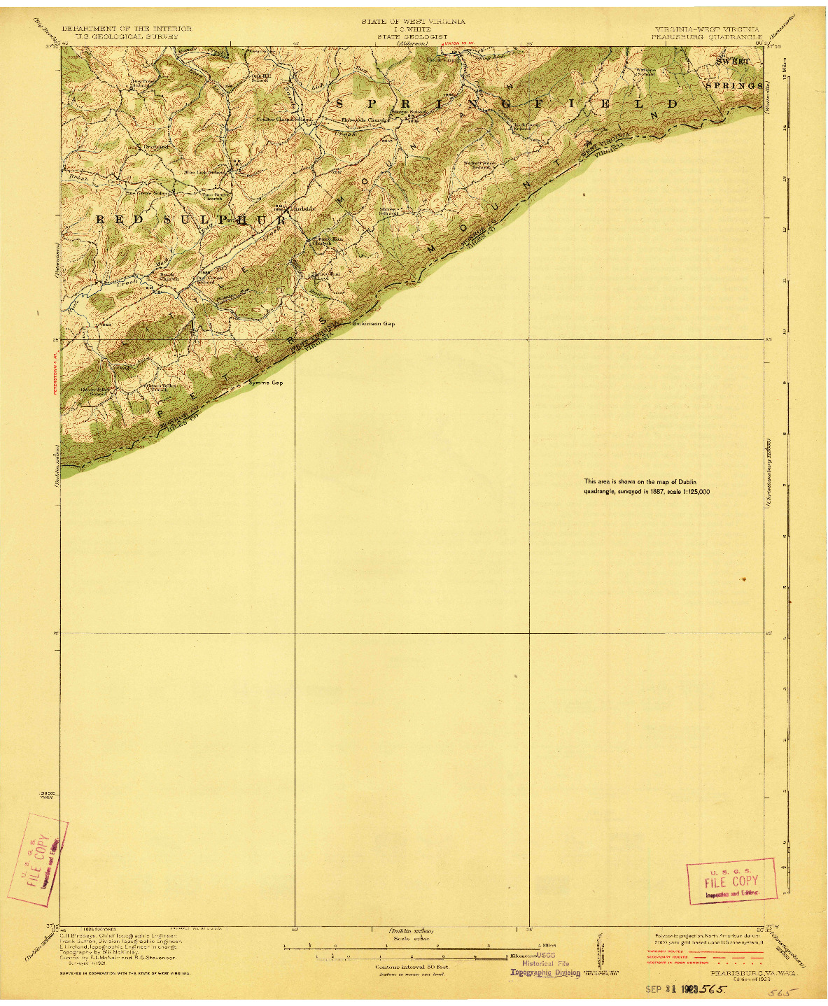 USGS 1:62500-SCALE QUADRANGLE FOR PEARISBURG, VA 1923