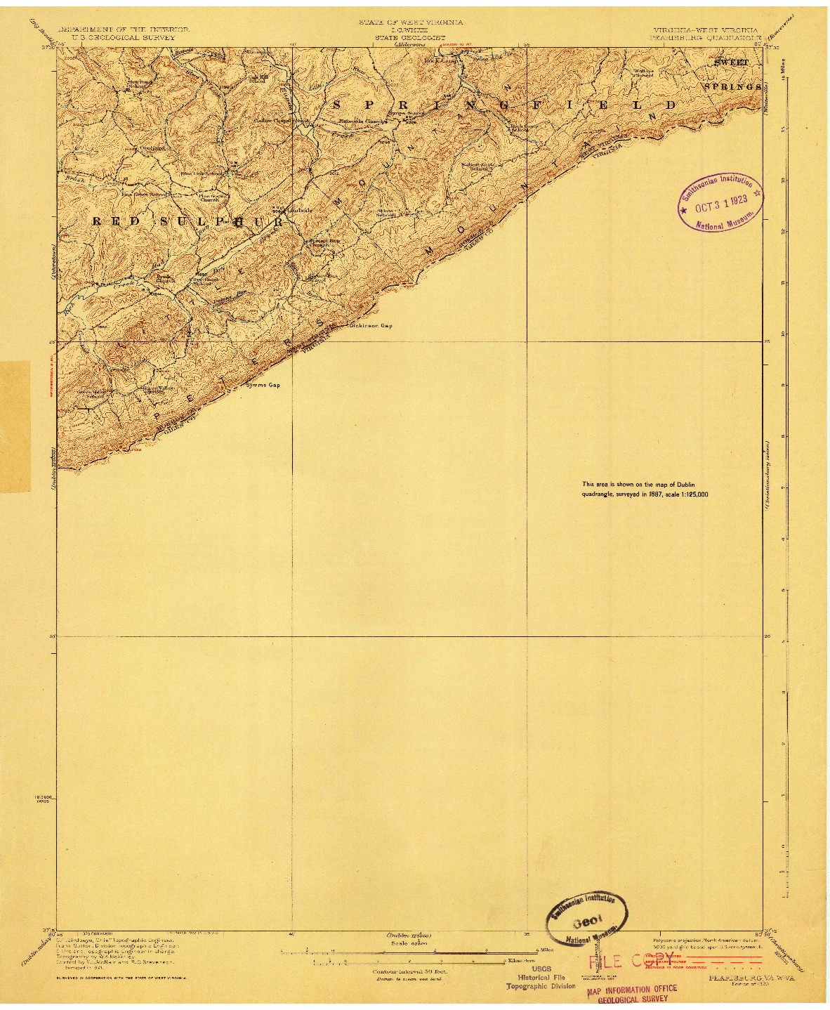 USGS 1:62500-SCALE QUADRANGLE FOR PEARISBURG, VA 1923