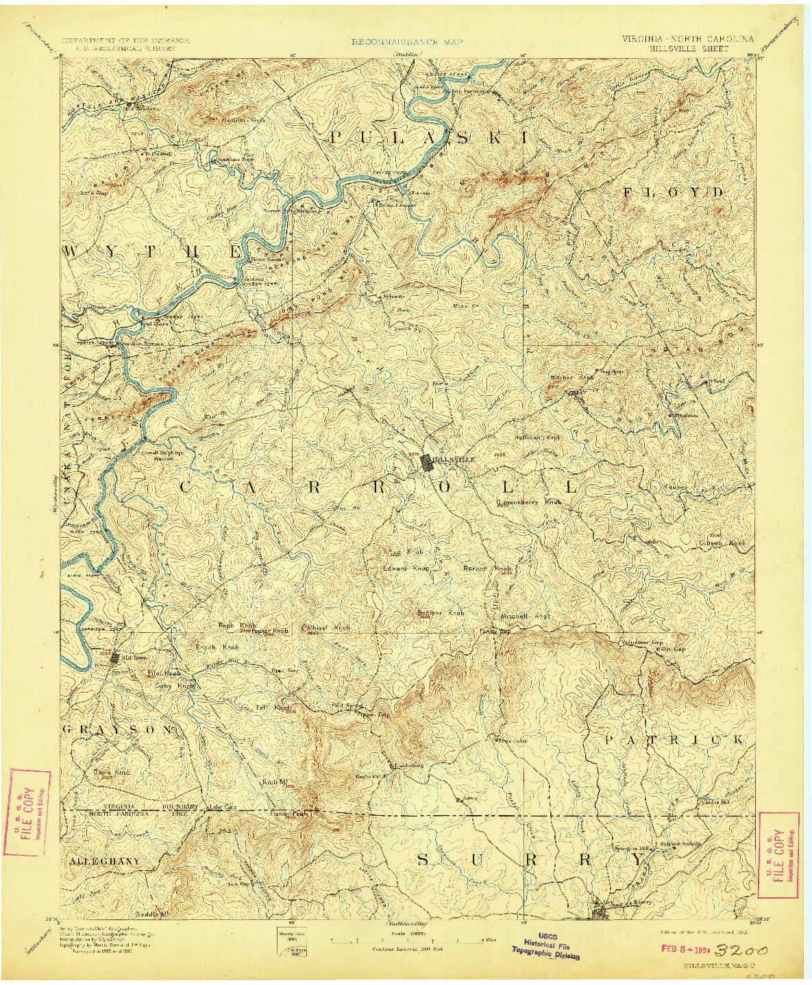 USGS 1:125000-SCALE QUADRANGLE FOR HILLSVILLE, VA 1896