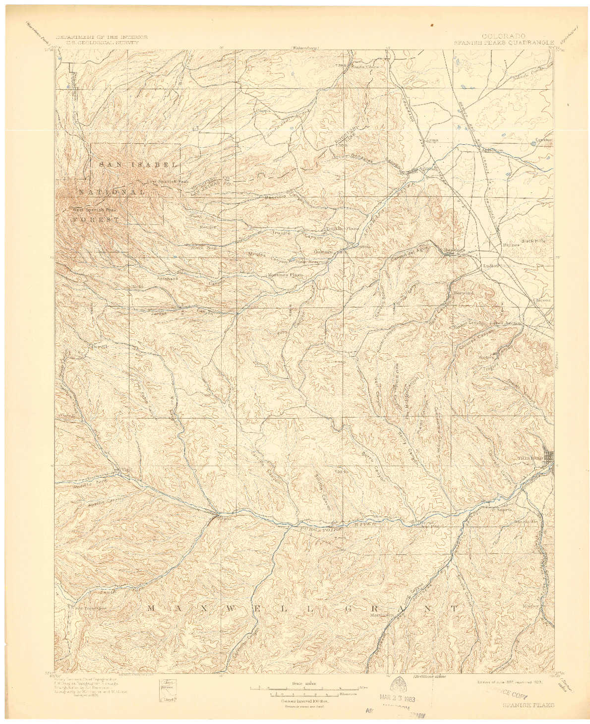 USGS 1:125000-SCALE QUADRANGLE FOR SPANISH PEAKS, CO 1897