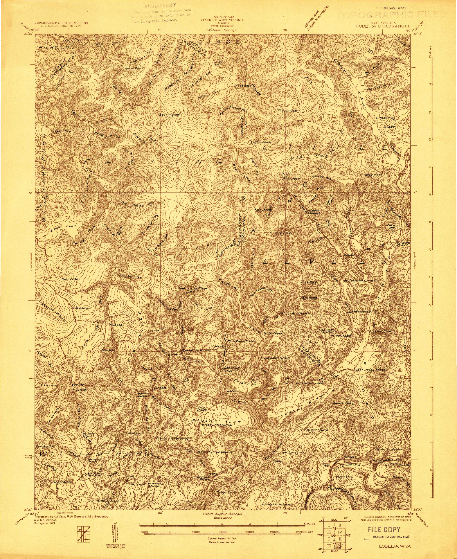 USGS 1:48000-SCALE QUADRANGLE FOR LOBELIA, WV 1923