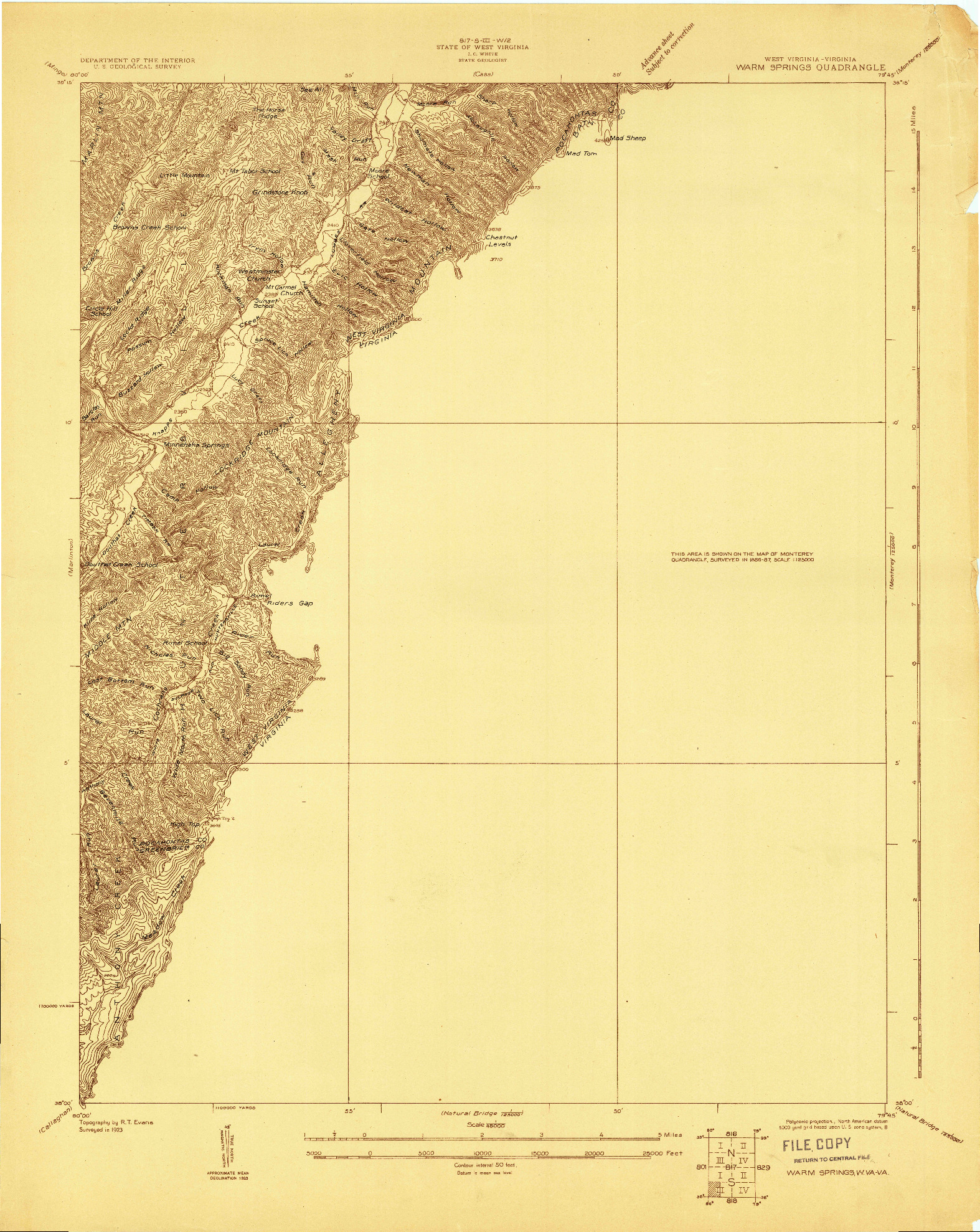 USGS 1:48000-SCALE QUADRANGLE FOR WARM SPRINGS, WV 1923