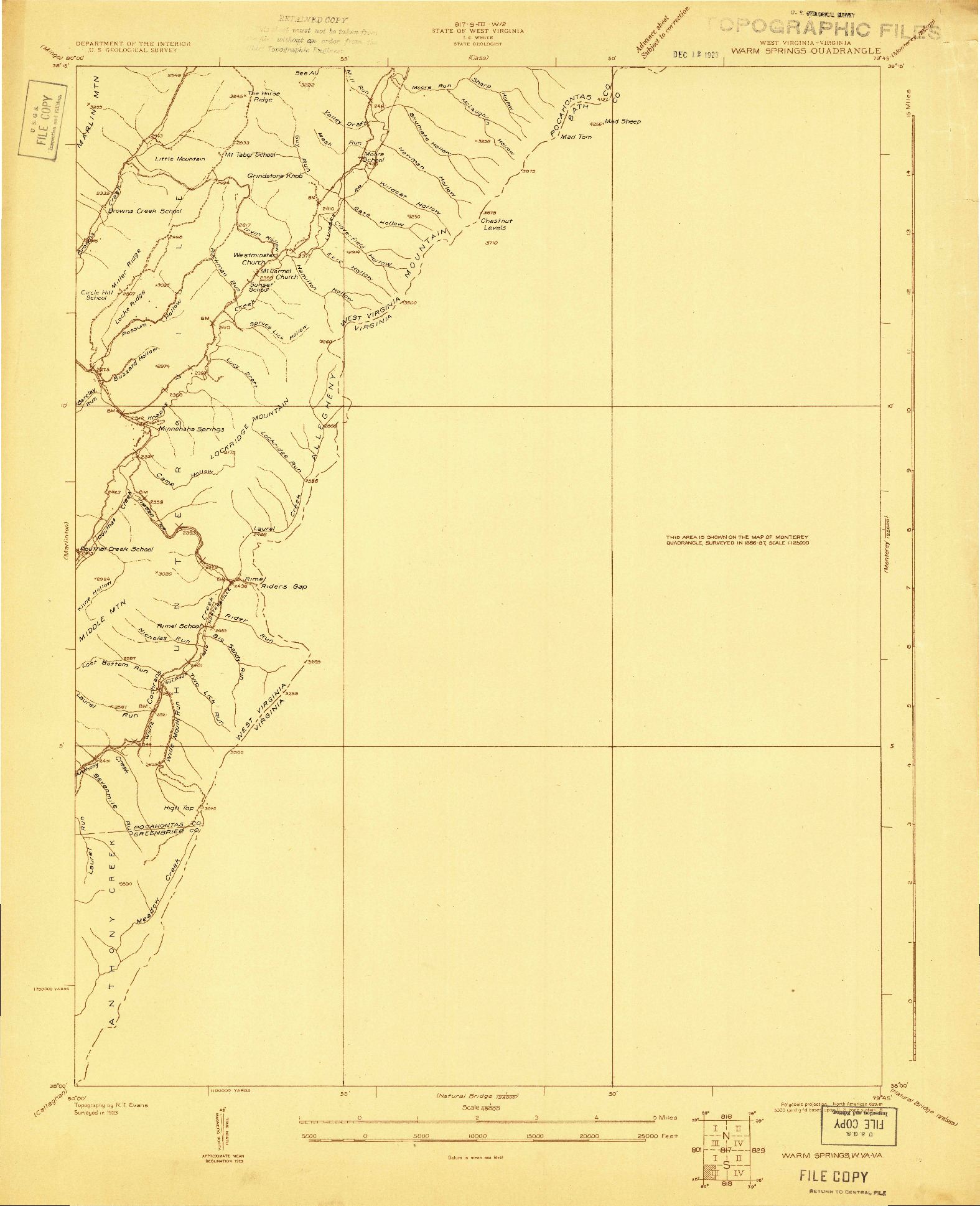 USGS 1:48000-SCALE QUADRANGLE FOR WARM SPRINGS, WV 1923