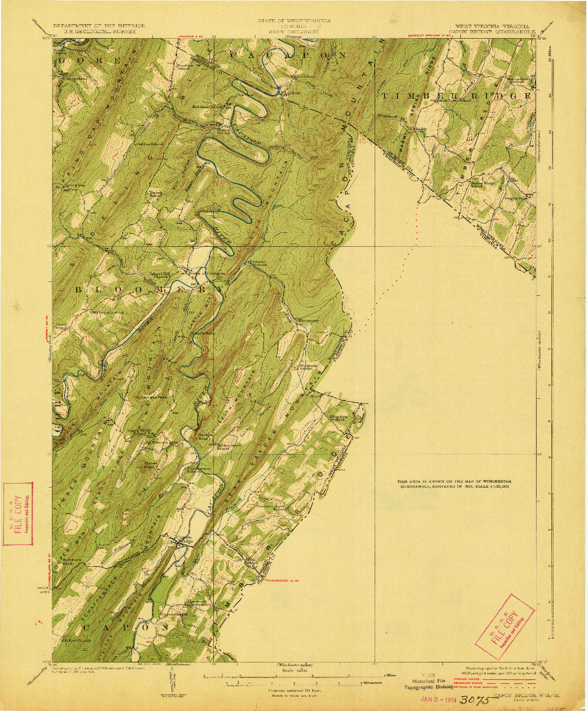 USGS 1:62500-SCALE QUADRANGLE FOR CAPON BRIDGE, WV 1923