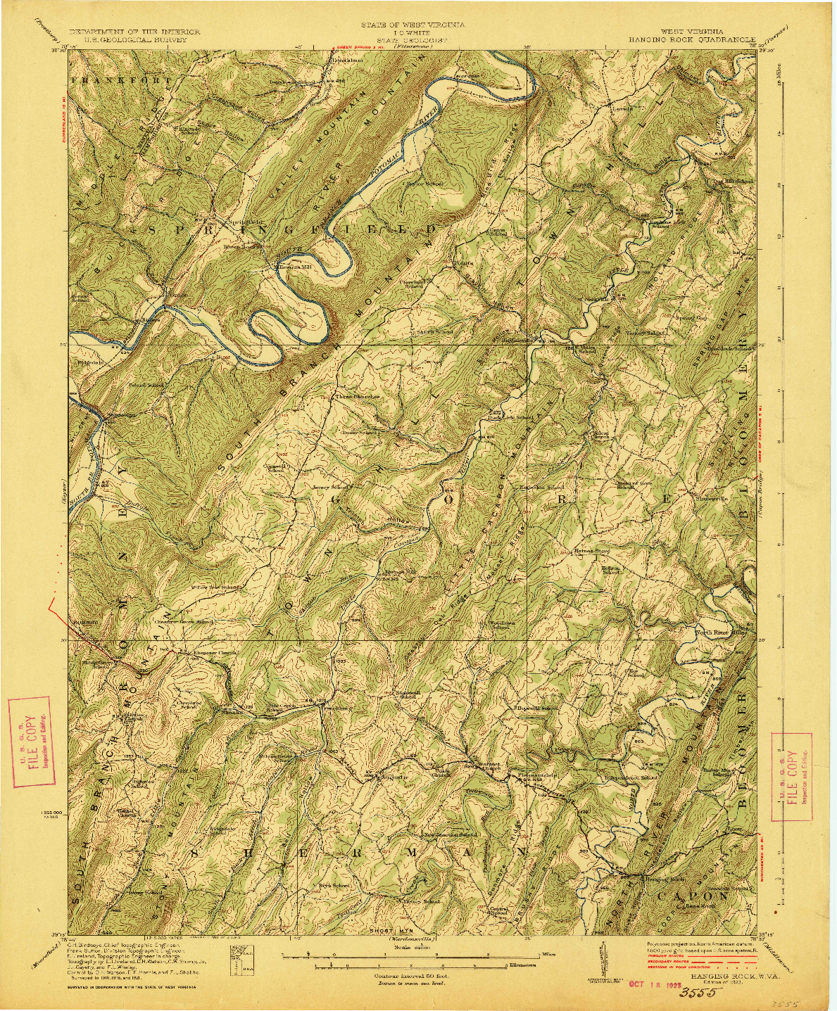 USGS 1:62500-SCALE QUADRANGLE FOR HANGING ROCK, WV 1923