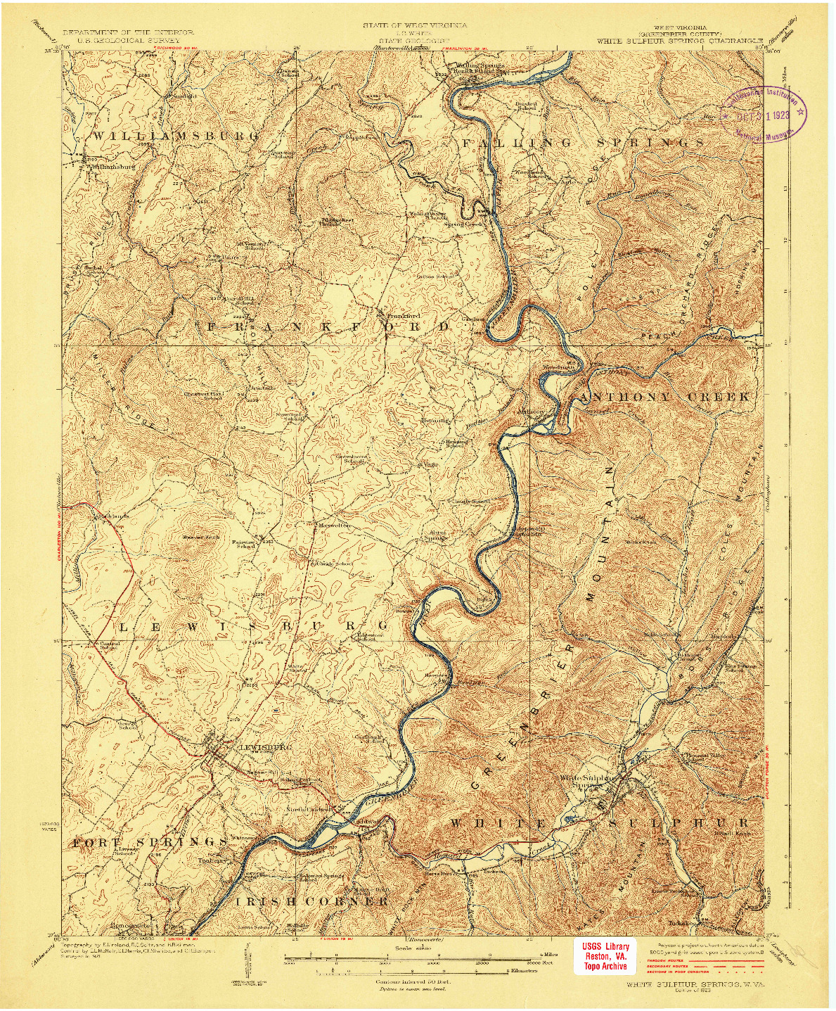 USGS 1:62500-SCALE QUADRANGLE FOR WHITE SULPHUR SPRINGS, WV 1923