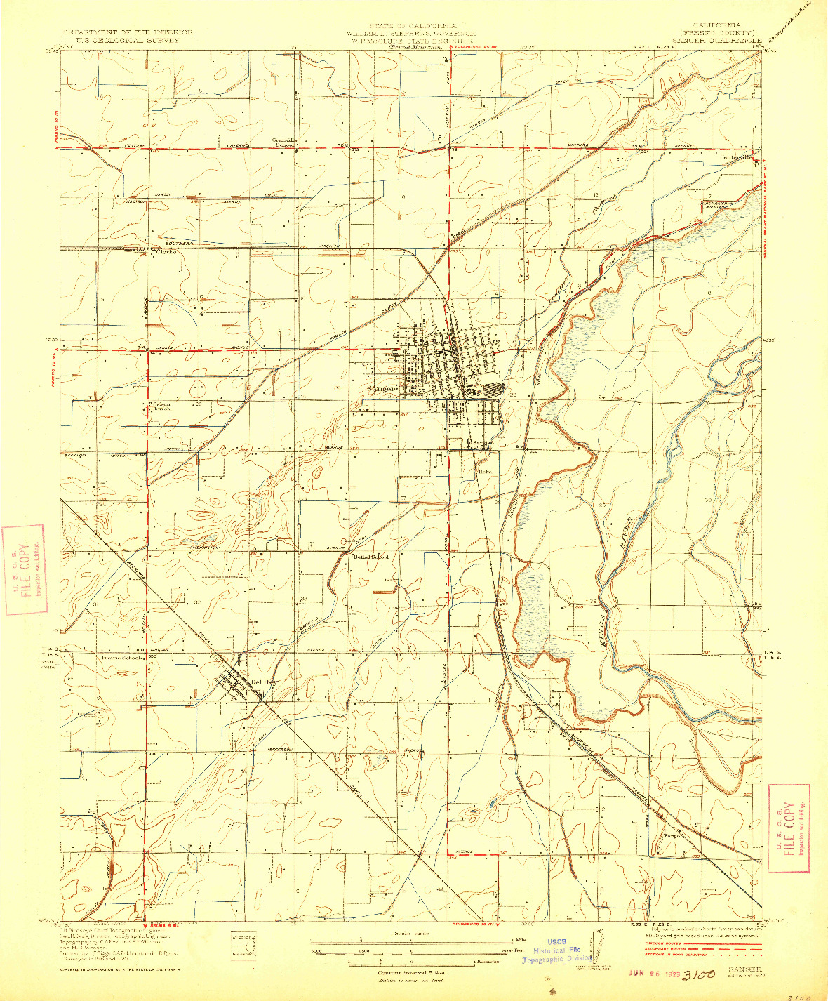 USGS 1:31680-SCALE QUADRANGLE FOR SANGER, CA 1923