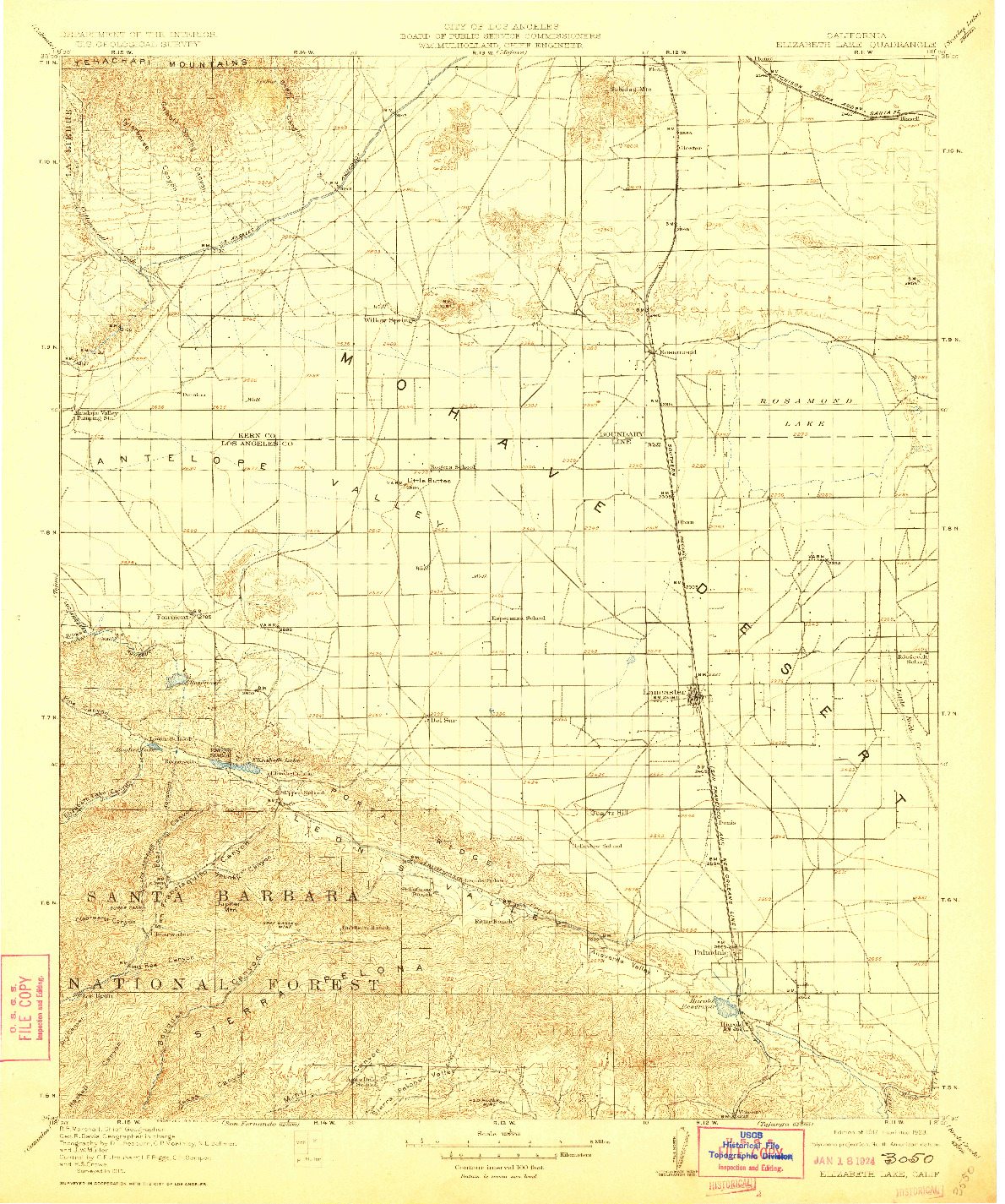 USGS 1:125000-SCALE QUADRANGLE FOR ELIZABETH LAKE, CA 1917