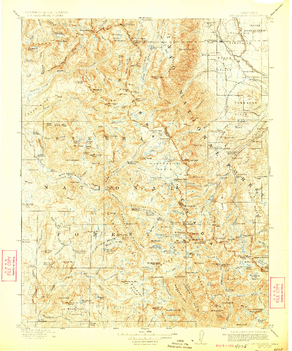 USGS 1:125000-SCALE QUADRANGLE FOR MT. GODDARD, CA 1912