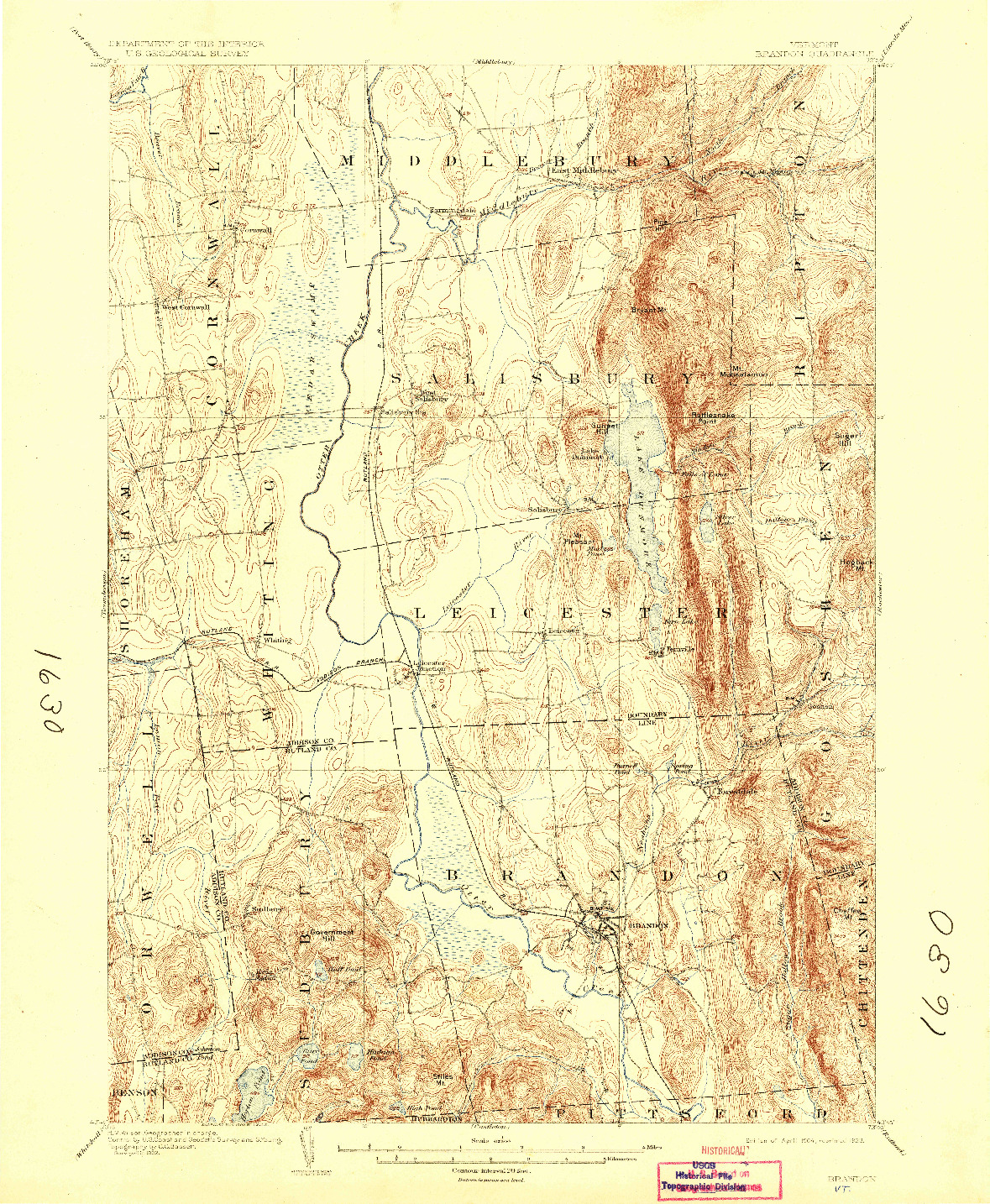 USGS 1:62500-SCALE QUADRANGLE FOR BRANDON, VT 1904