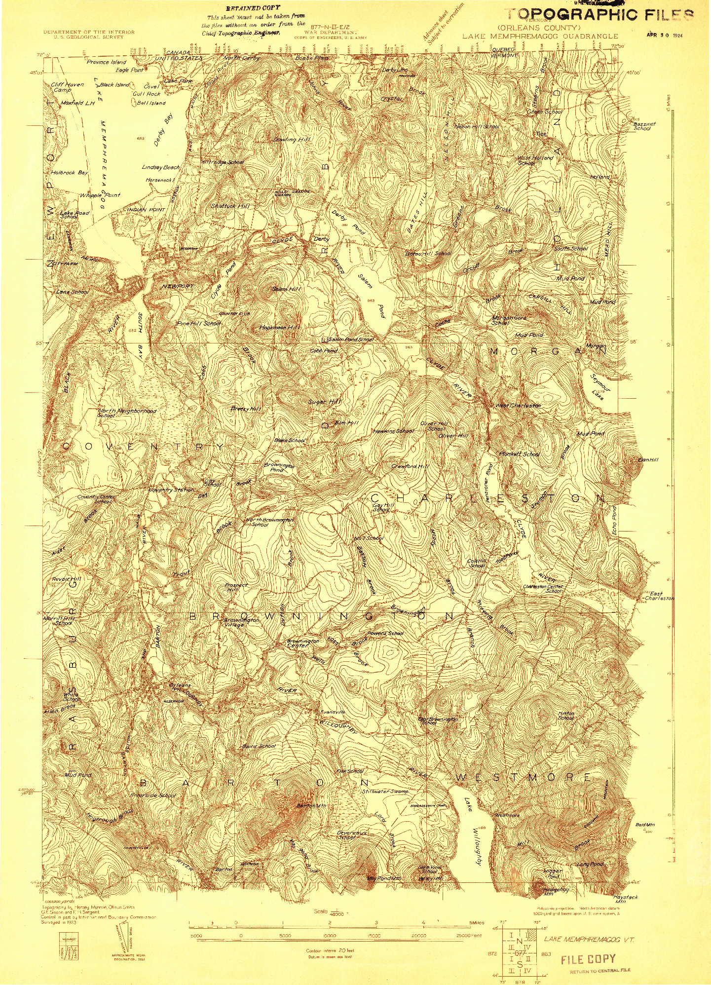 USGS 1:48000-SCALE QUADRANGLE FOR LAKE MEMPHREMAGOG, VT 1923