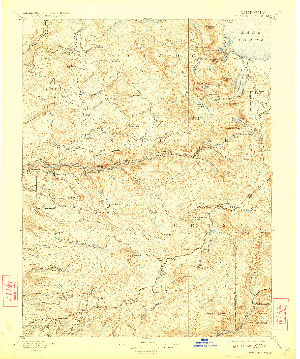 USGS 1:125000-SCALE QUADRANGLE FOR PYRAMID PEAK, CA 1896