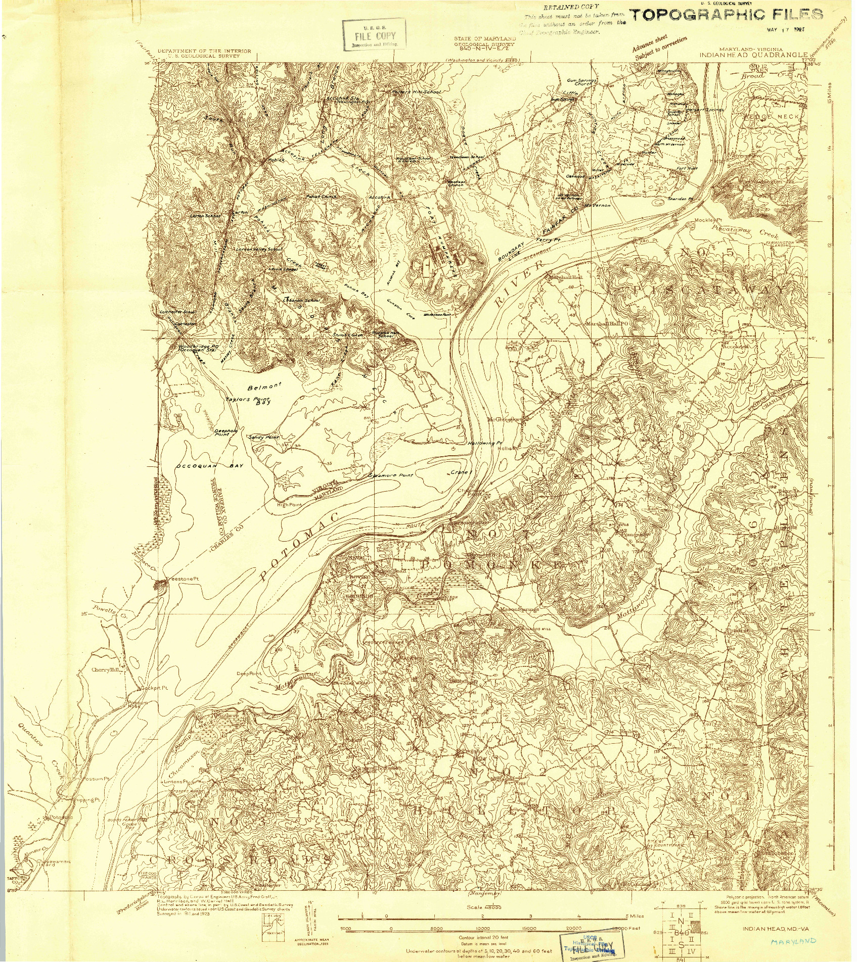 USGS 1:48000-SCALE QUADRANGLE FOR INDIAN HEAD, MD 1923