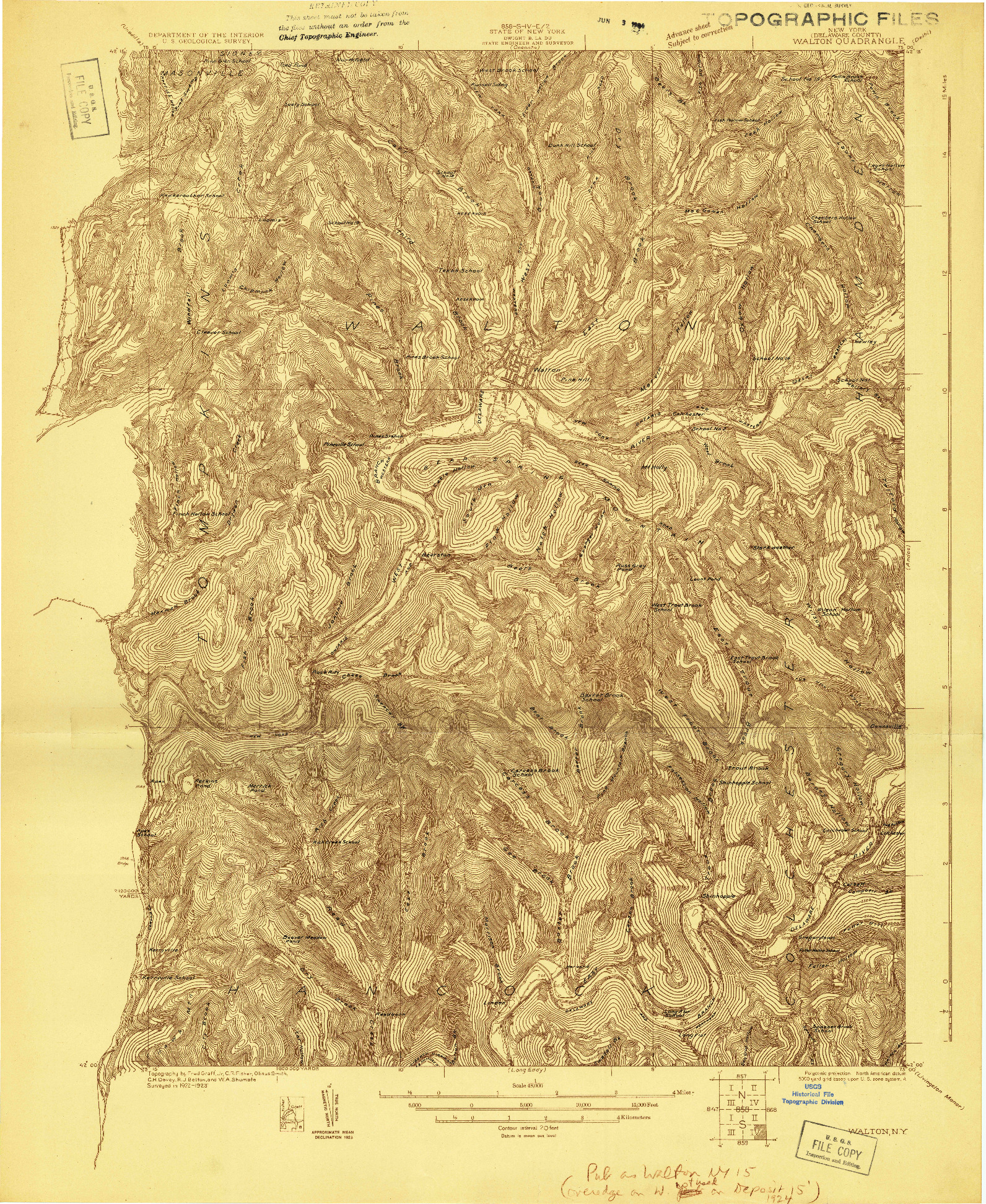 USGS 1:48000-SCALE QUADRANGLE FOR WALTON, NY 1923