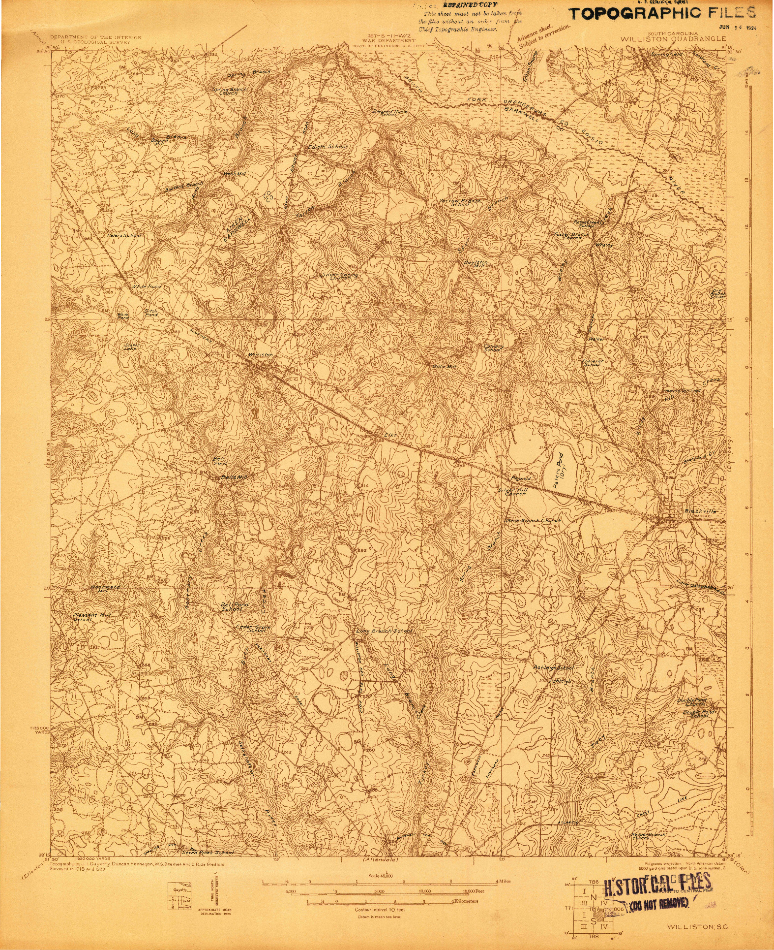 USGS 1:48000-SCALE QUADRANGLE FOR WILLISTON, SC 1923