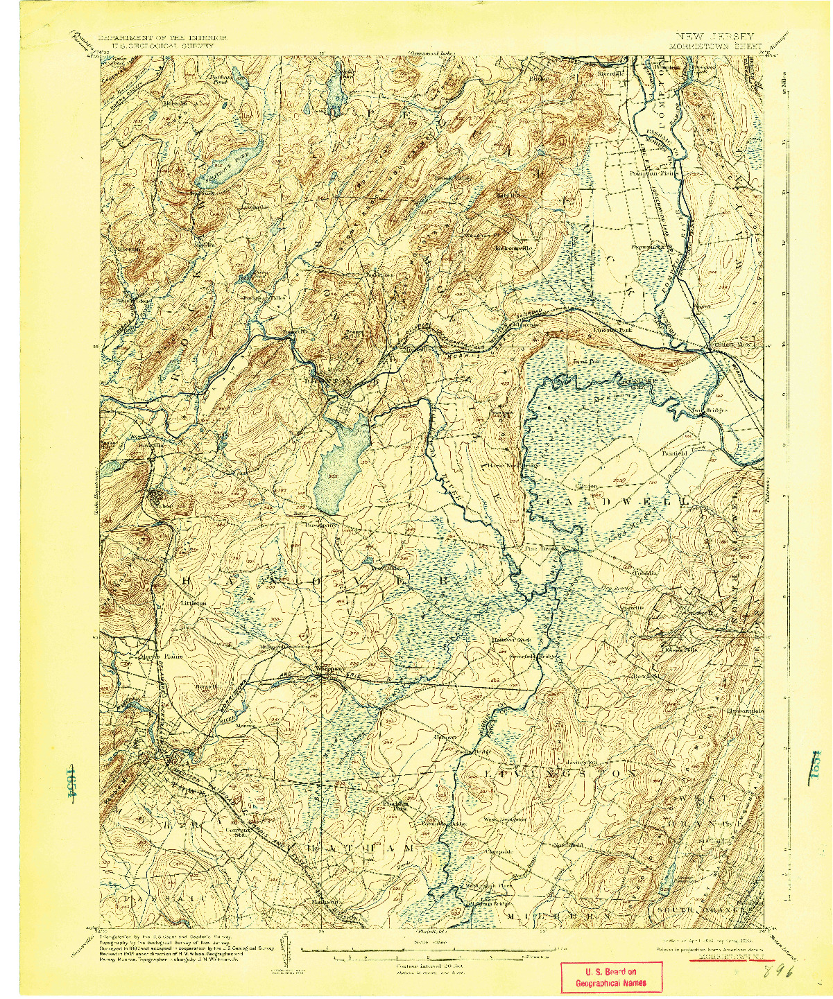 USGS 1:62500-SCALE QUADRANGLE FOR MORRISTOWN, NJ 1906