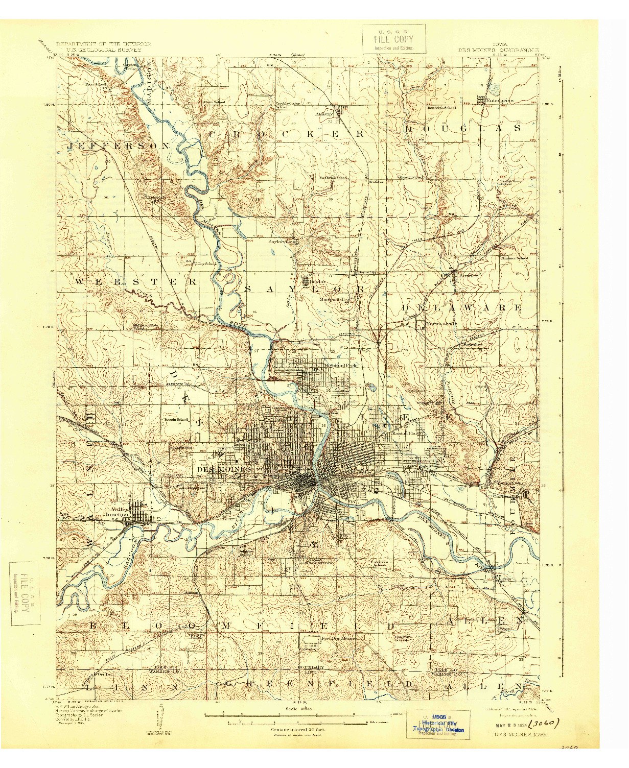 USGS 1:62500-SCALE QUADRANGLE FOR DES MOINES, IA 1907