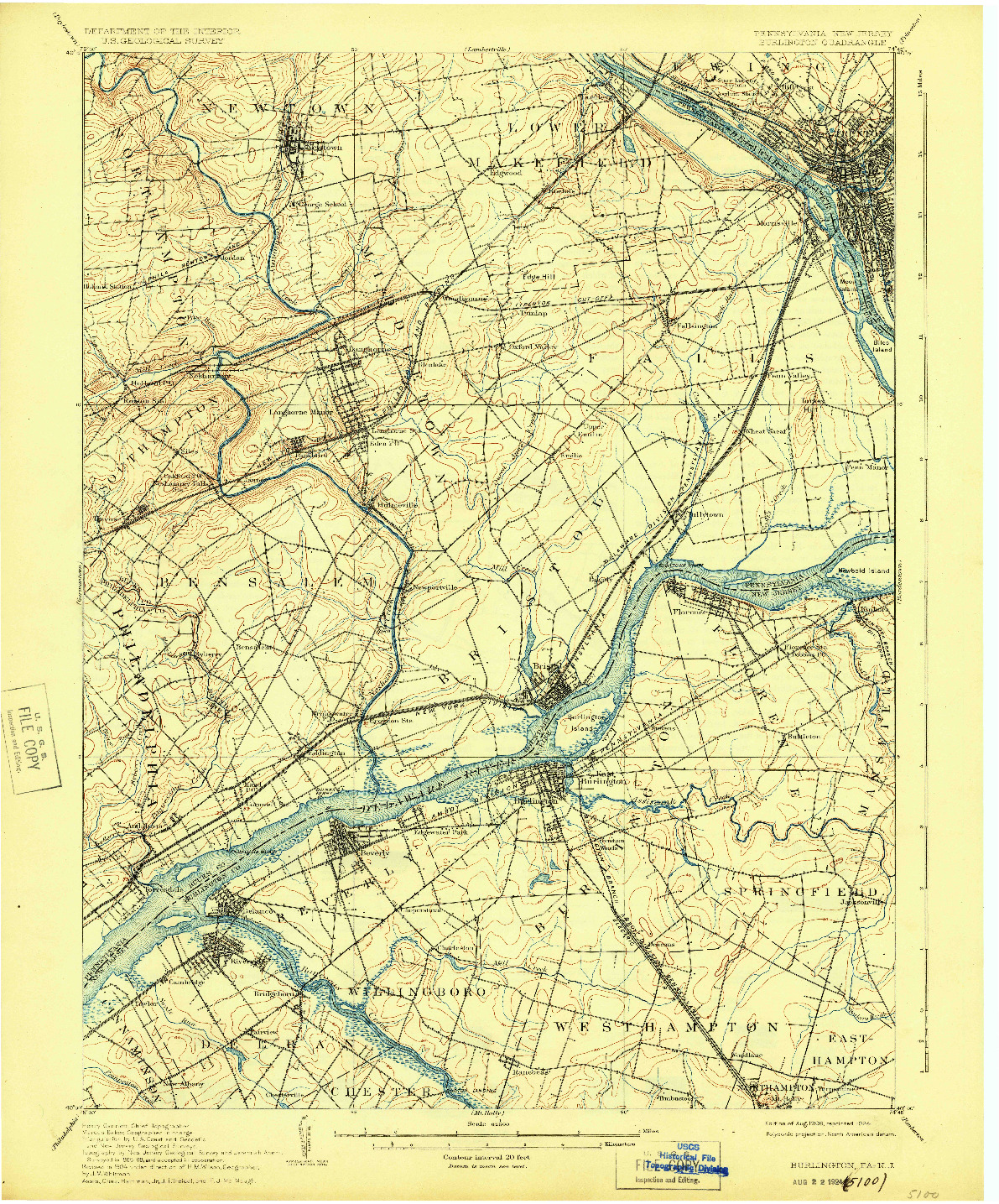 USGS 1:62500-SCALE QUADRANGLE FOR BURLINGTON, PA 1906