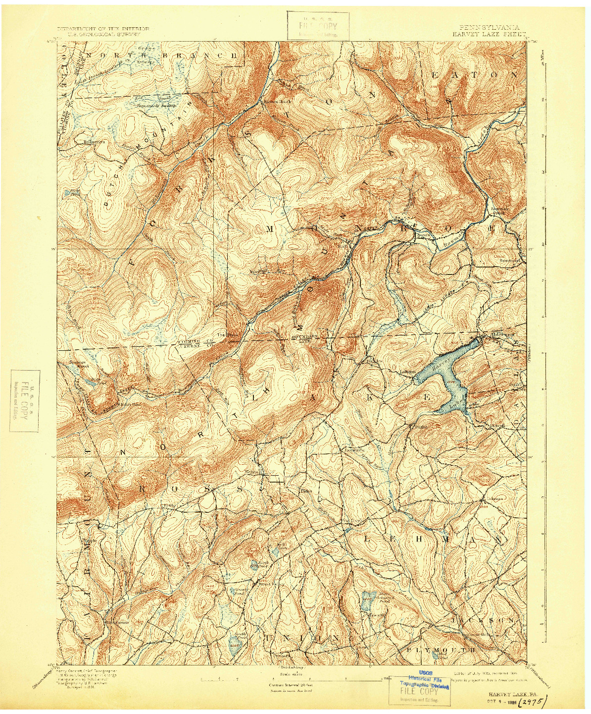 USGS 1:62500-SCALE QUADRANGLE FOR HARVEY LAKE, PA 1893