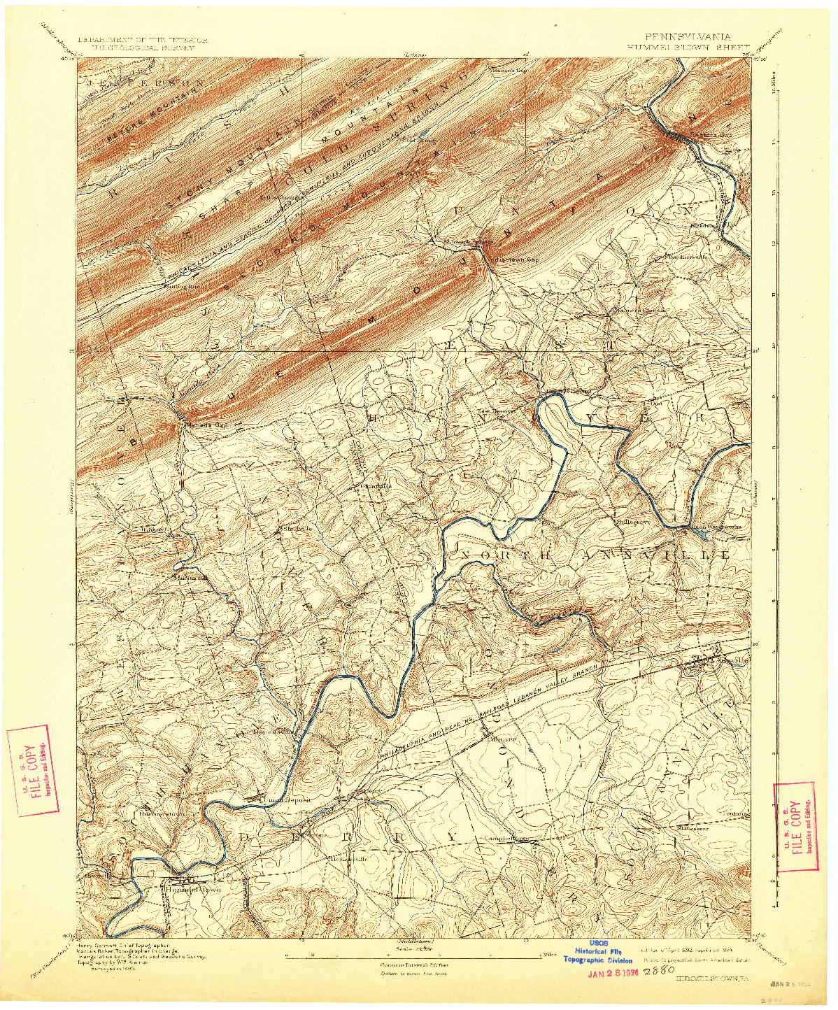 USGS 1:62500-SCALE QUADRANGLE FOR HUMMELSTOWN, PA 1892