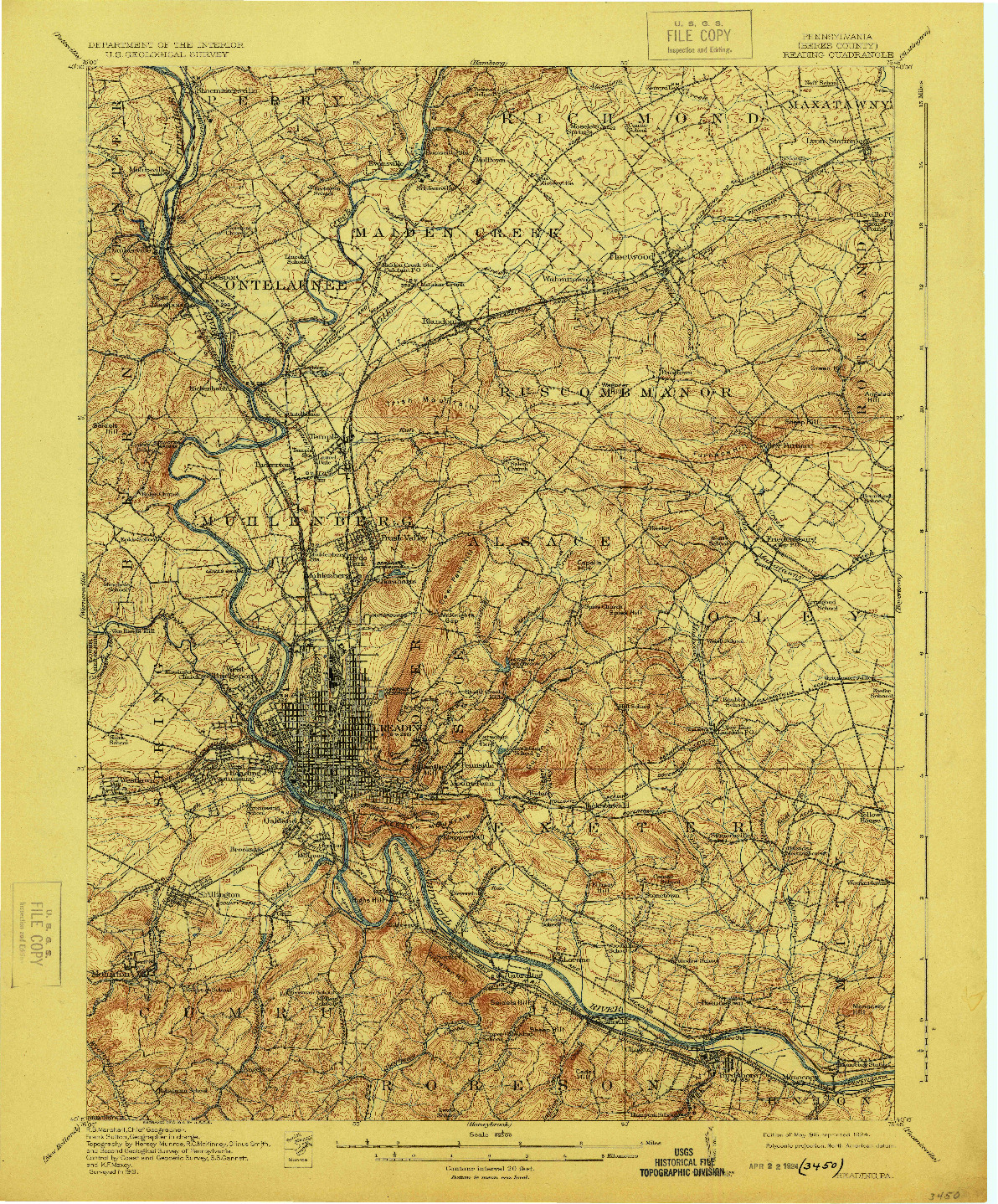 USGS 1:62500-SCALE QUADRANGLE FOR READING, PA 1915