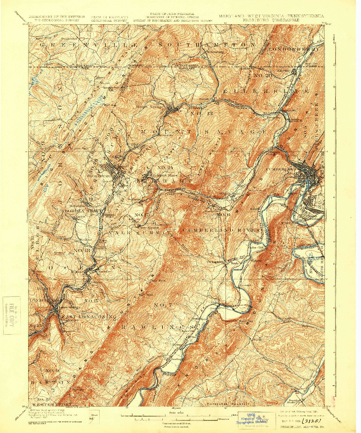 USGS 1:62500-SCALE QUADRANGLE FOR FROSTBURG, MD 1908