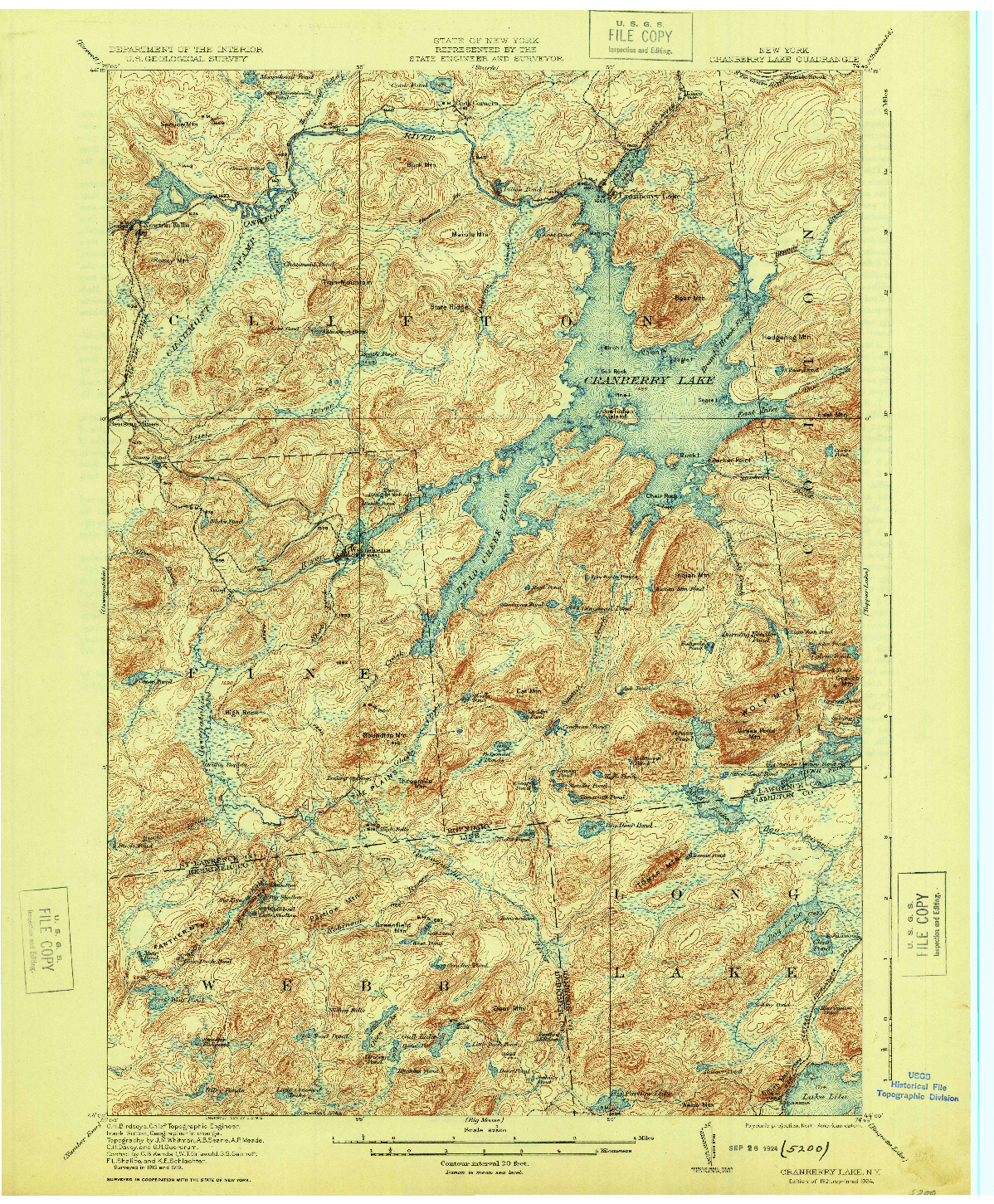 USGS 1:62500-SCALE QUADRANGLE FOR CRANBERRY LAKE, NY 1921