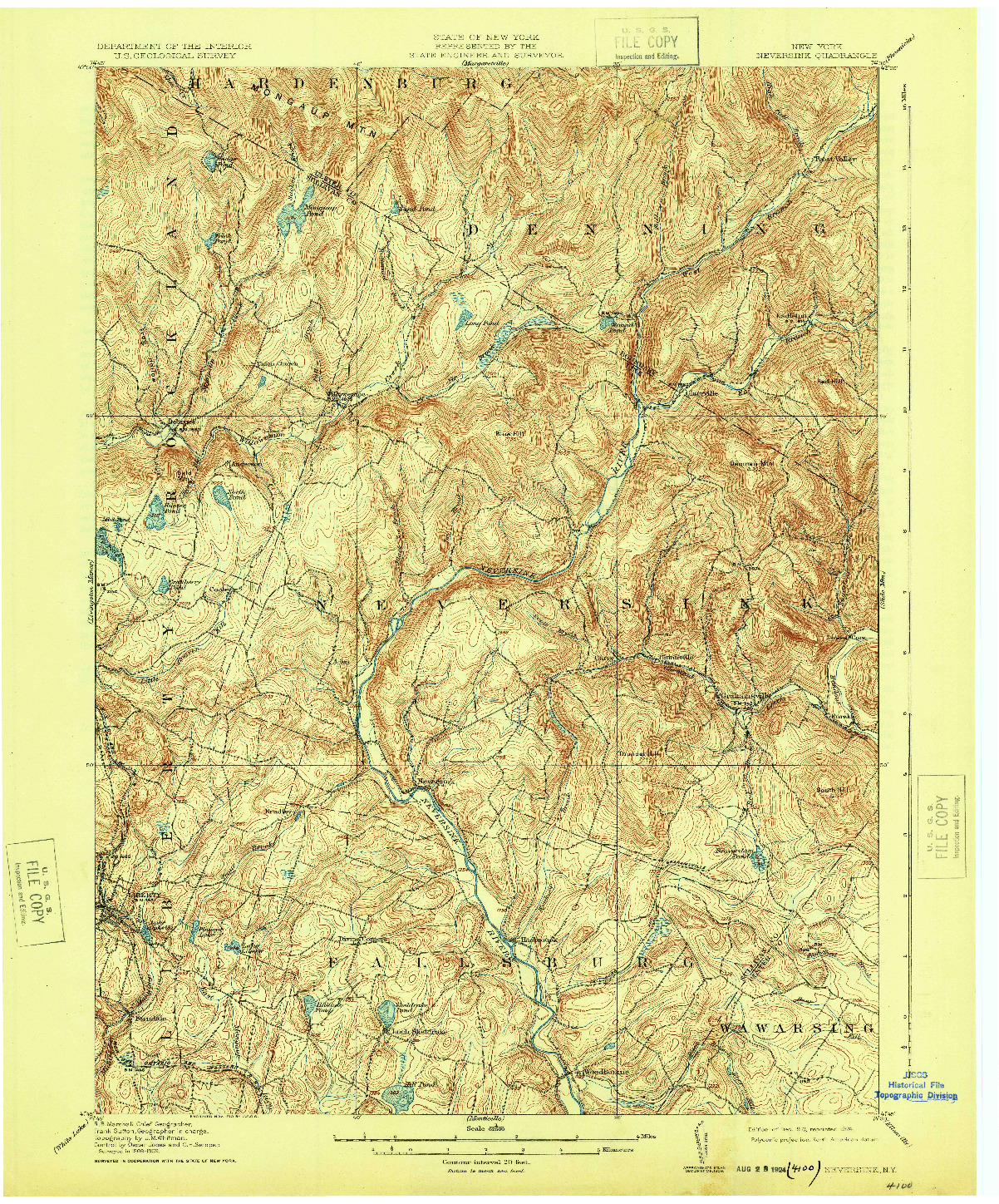 USGS 1:62500-SCALE QUADRANGLE FOR NEVERSINK, NY 1910